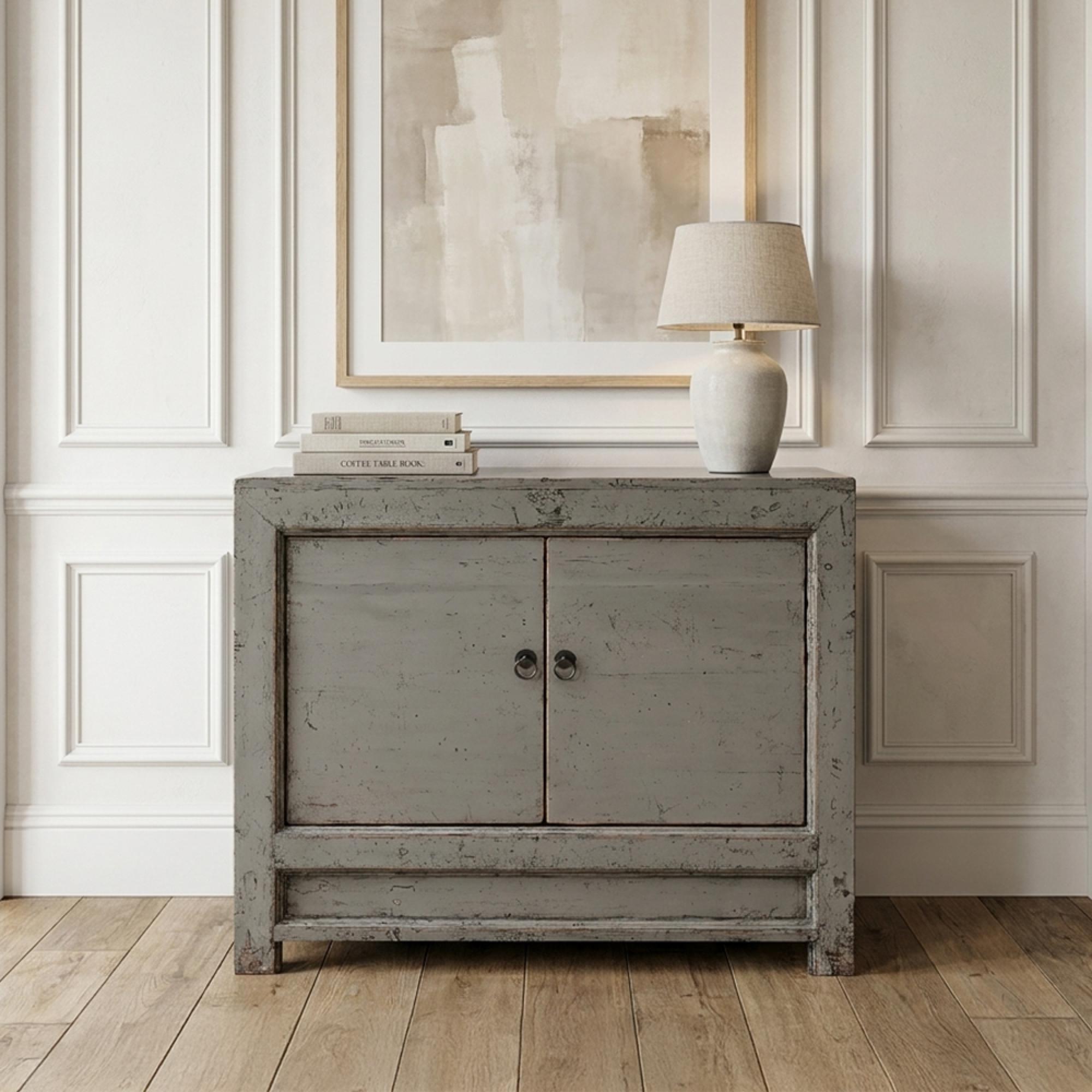 Distressed Sideboard - 2 Door - 96cm - Small - Grey - Lacquered Pine Wood