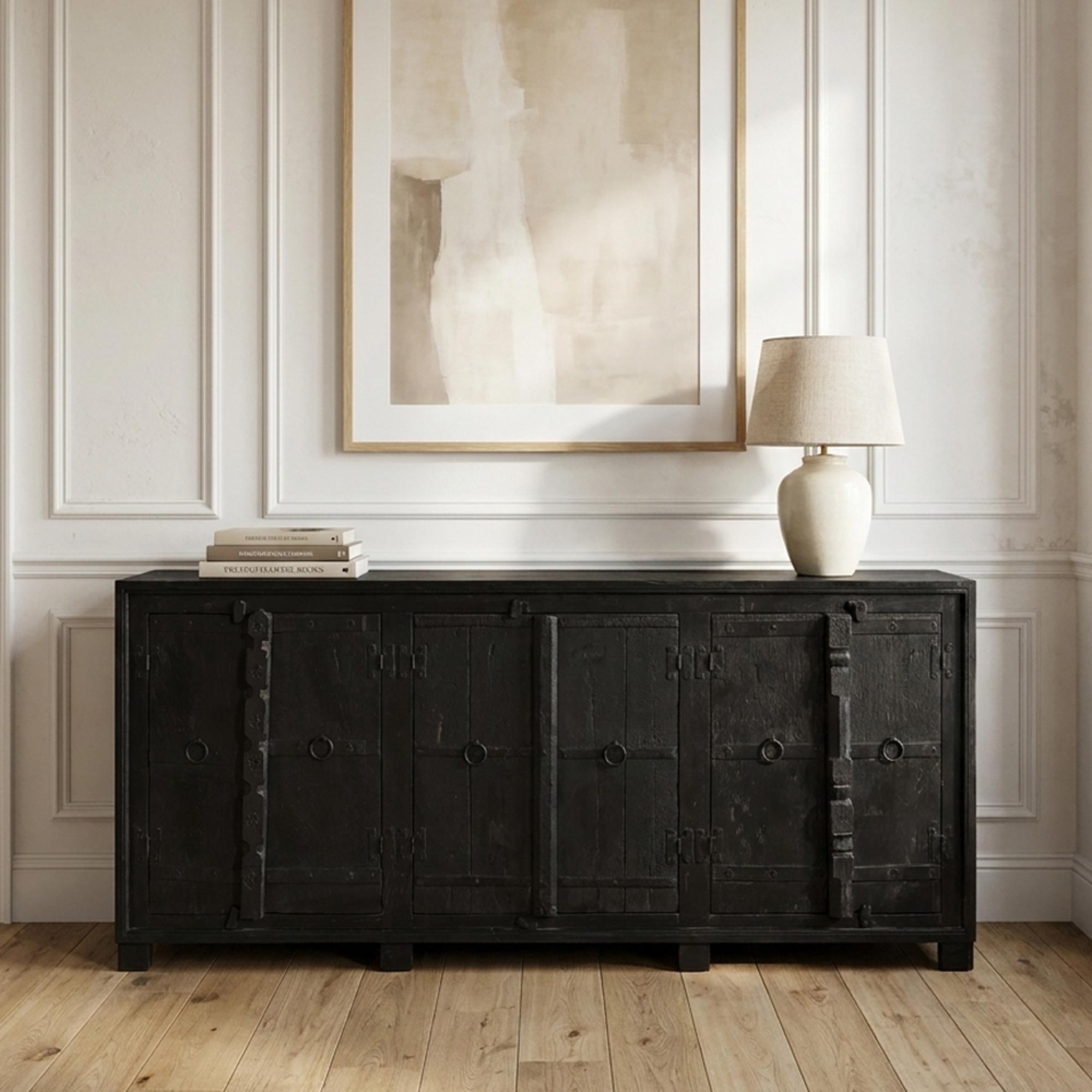 Distressed Sideboard - 6 Door - 208cm - Industrial - Extra Large - Black - Solid Wood