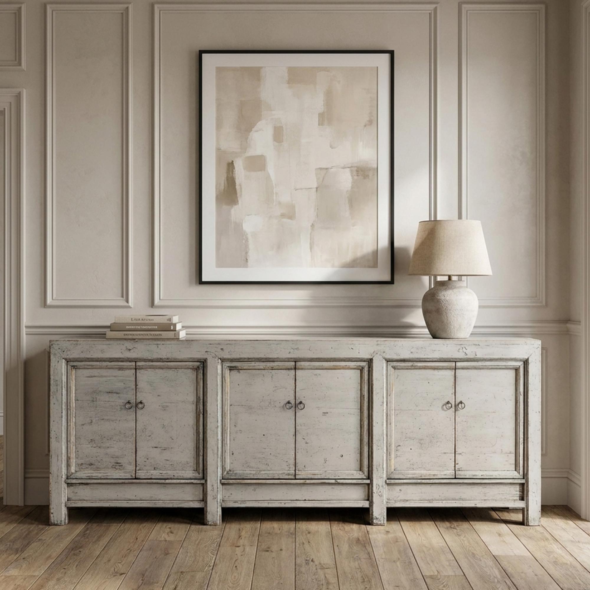 Distressed Sideboard - 6 Door - 233cm - Extra Large - Grey - Lacquered Pine Wood
