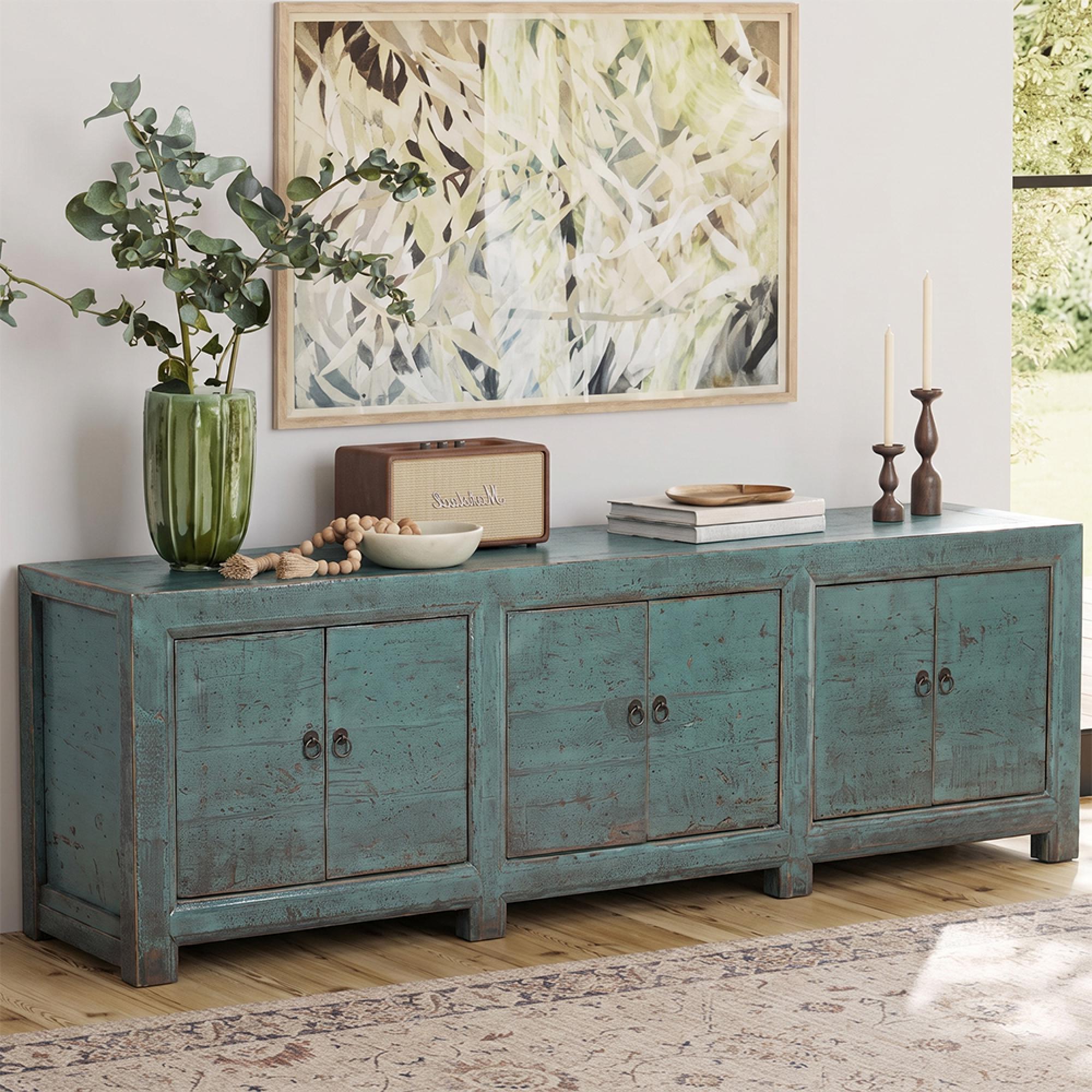 Distressed Sideboard - 6 Door - 224cm - Extra Large - Green - Wooden