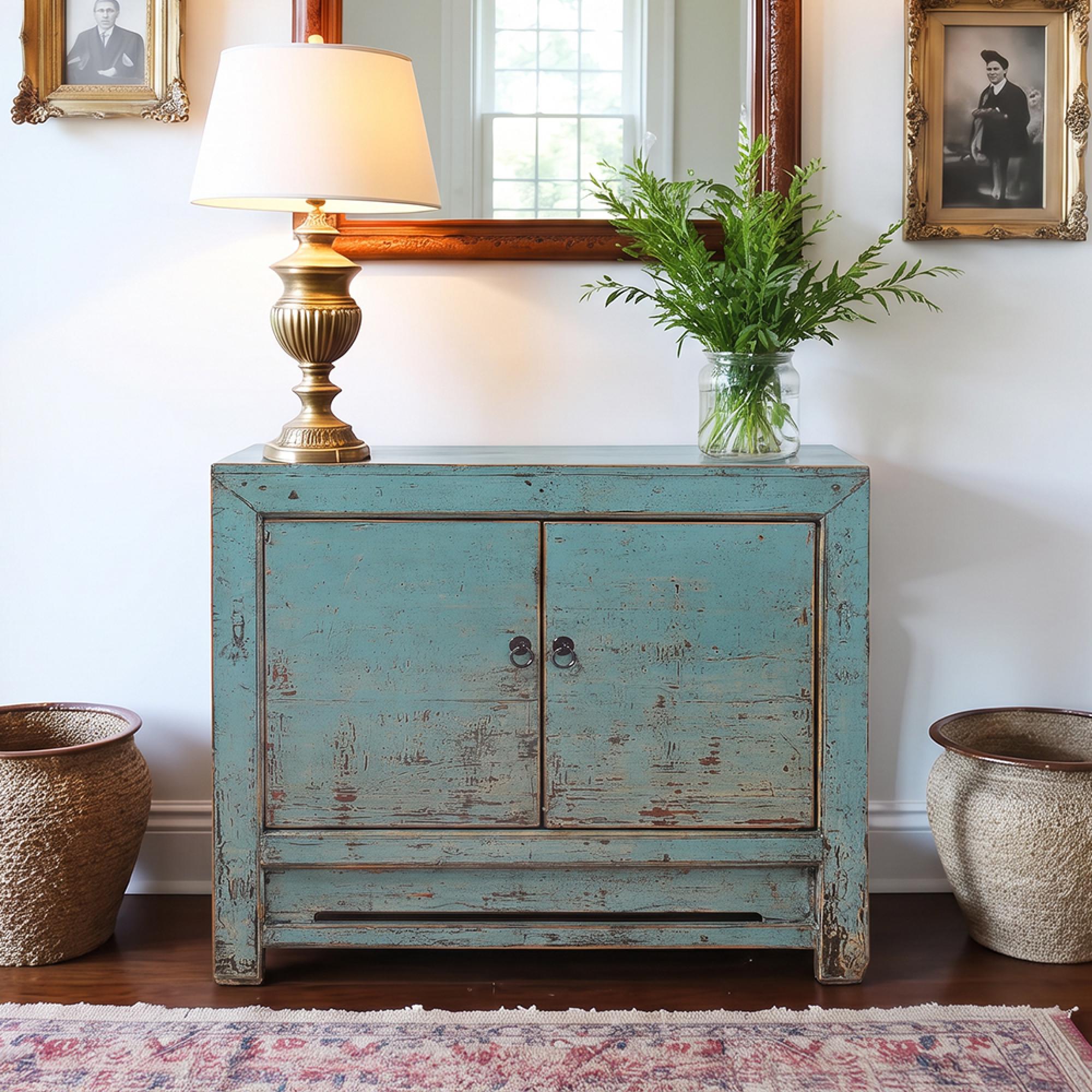Distressed Sideboard - 2 Door - 95cm - Small - Turquoise Blue - Wooden