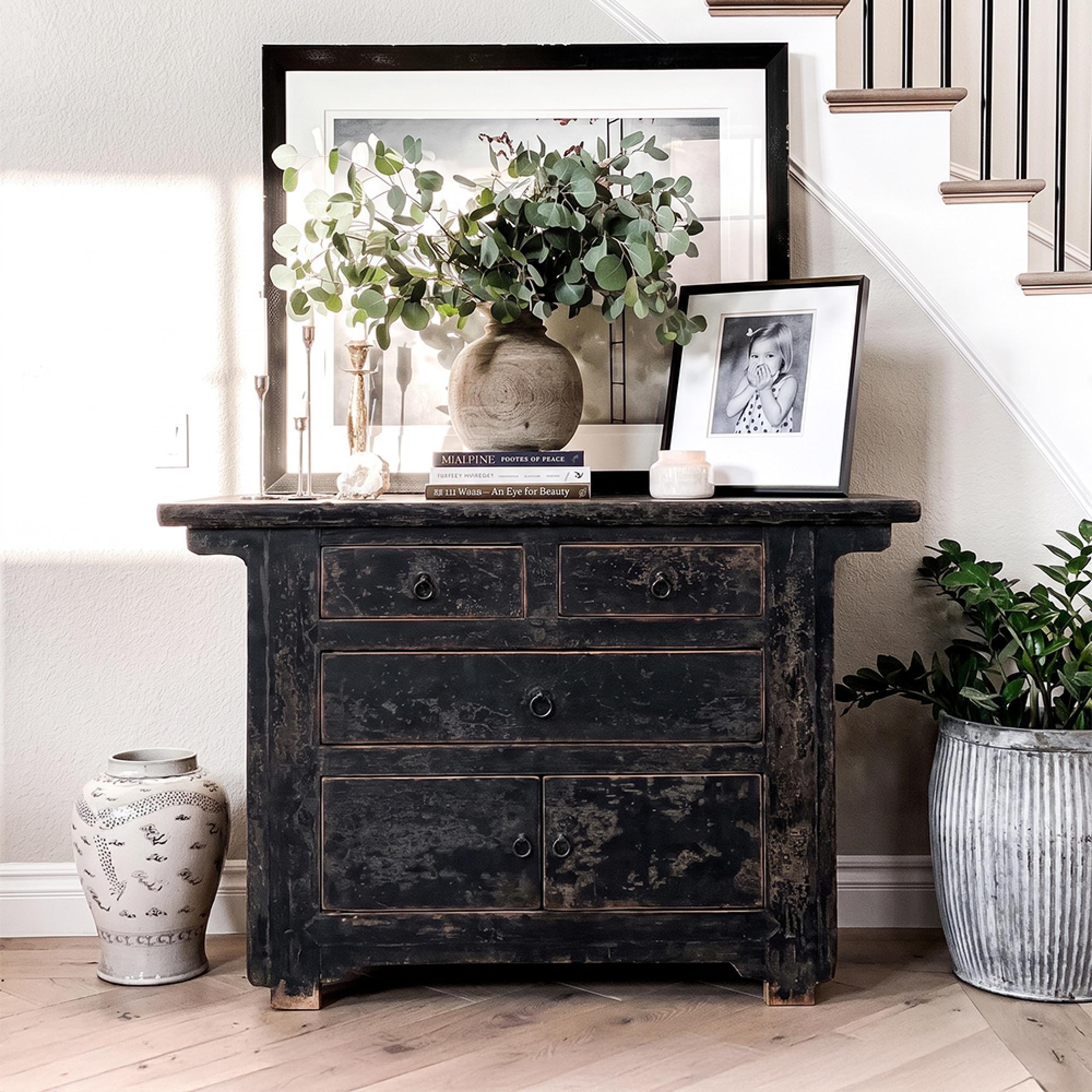 Unique One of a Kind - Distressed Sideboard - 2 Door 3 Drawer - 110cm - Small - Black - Elm Wood