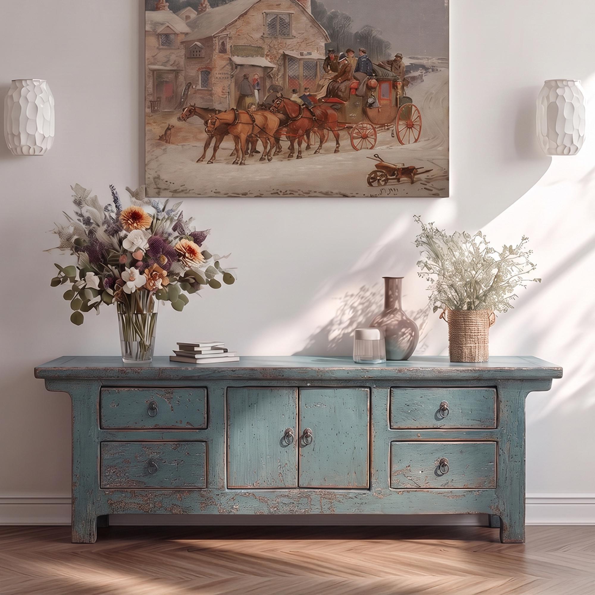 Distressed Sideboard - 2 Door 4 Drawer - 173cm - Large - Green - Wooden