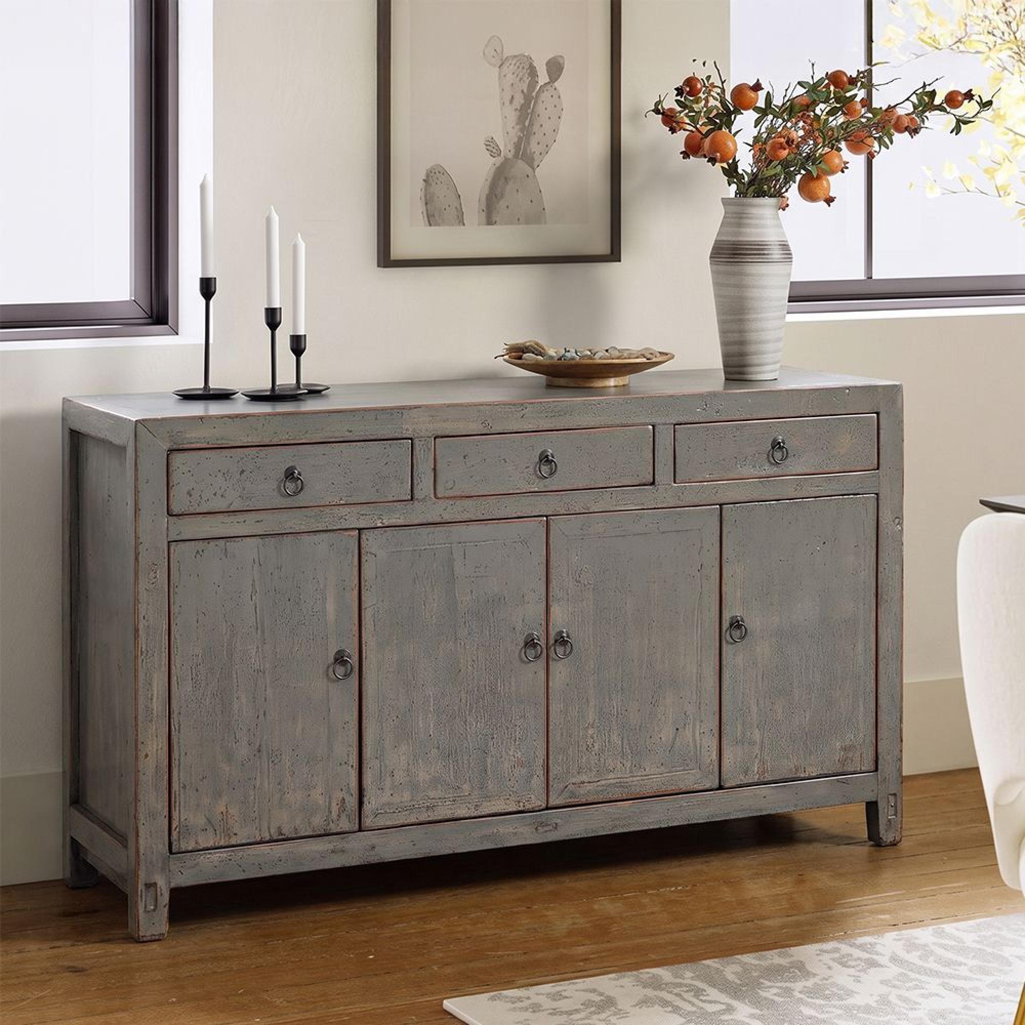 Distressed Sideboard - 4 Door 3 Drawer - 156cm - Medium - Grey - Wooden
