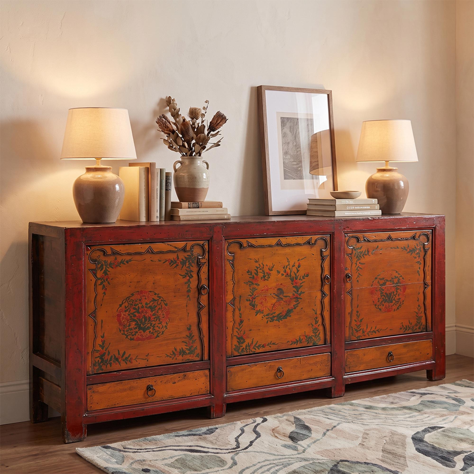 Hand Painted Sideboard - 3 Door 3 Drawer - 193cm - Extra Large - Rich Red - Elm Wood