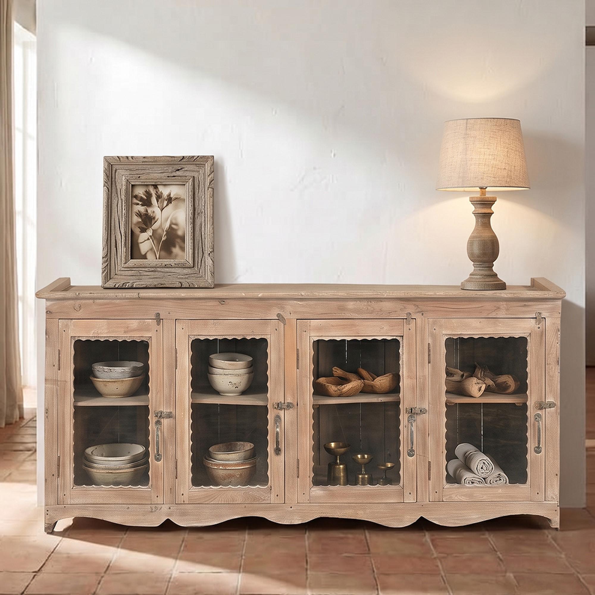 Sideboard - 4 Door - 155cm - Medium - Natural Weathered - Glass and Wood