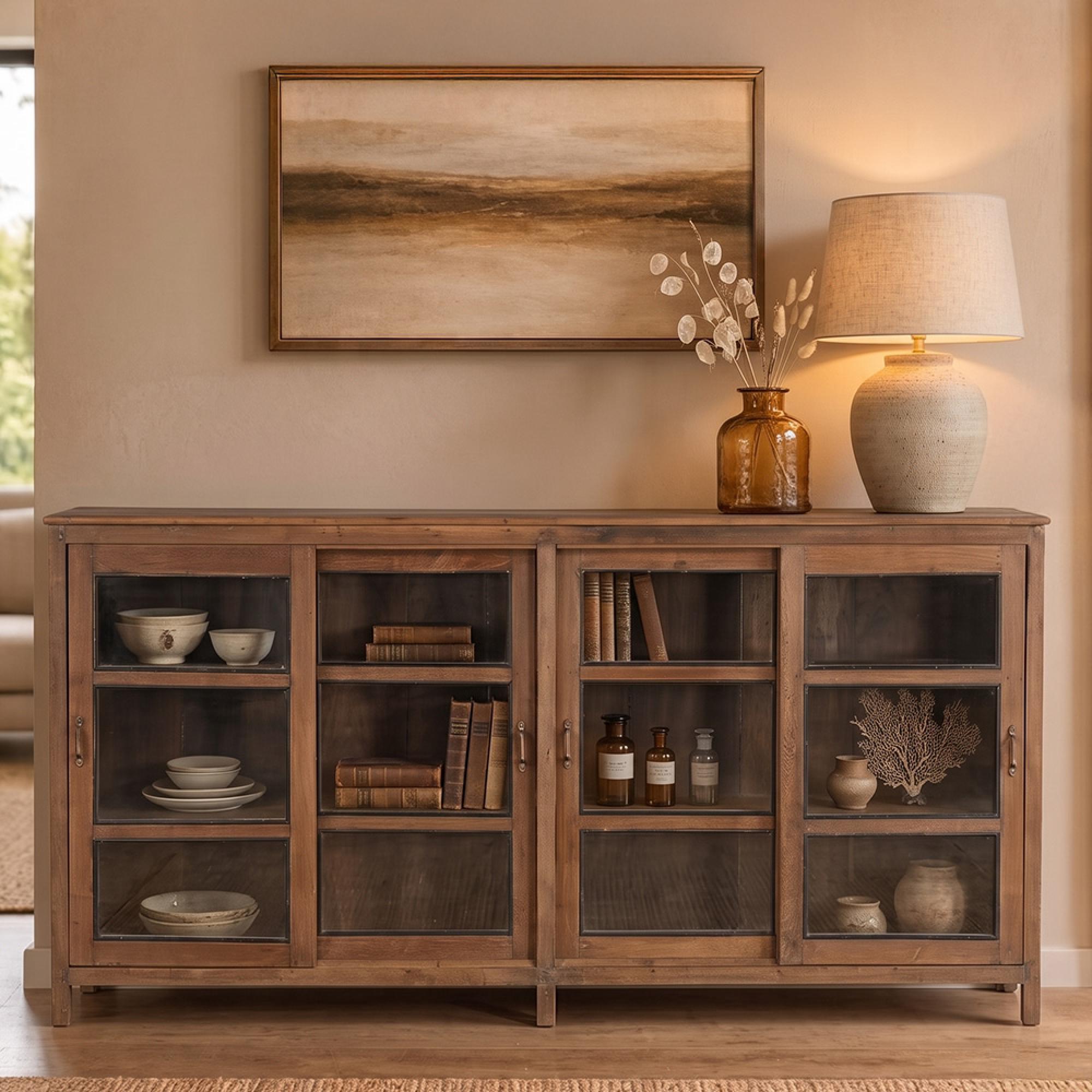 Sideboard - 4 Sliding Door - 184cm - Extra Large - Rustic Brown - Glass and Wood