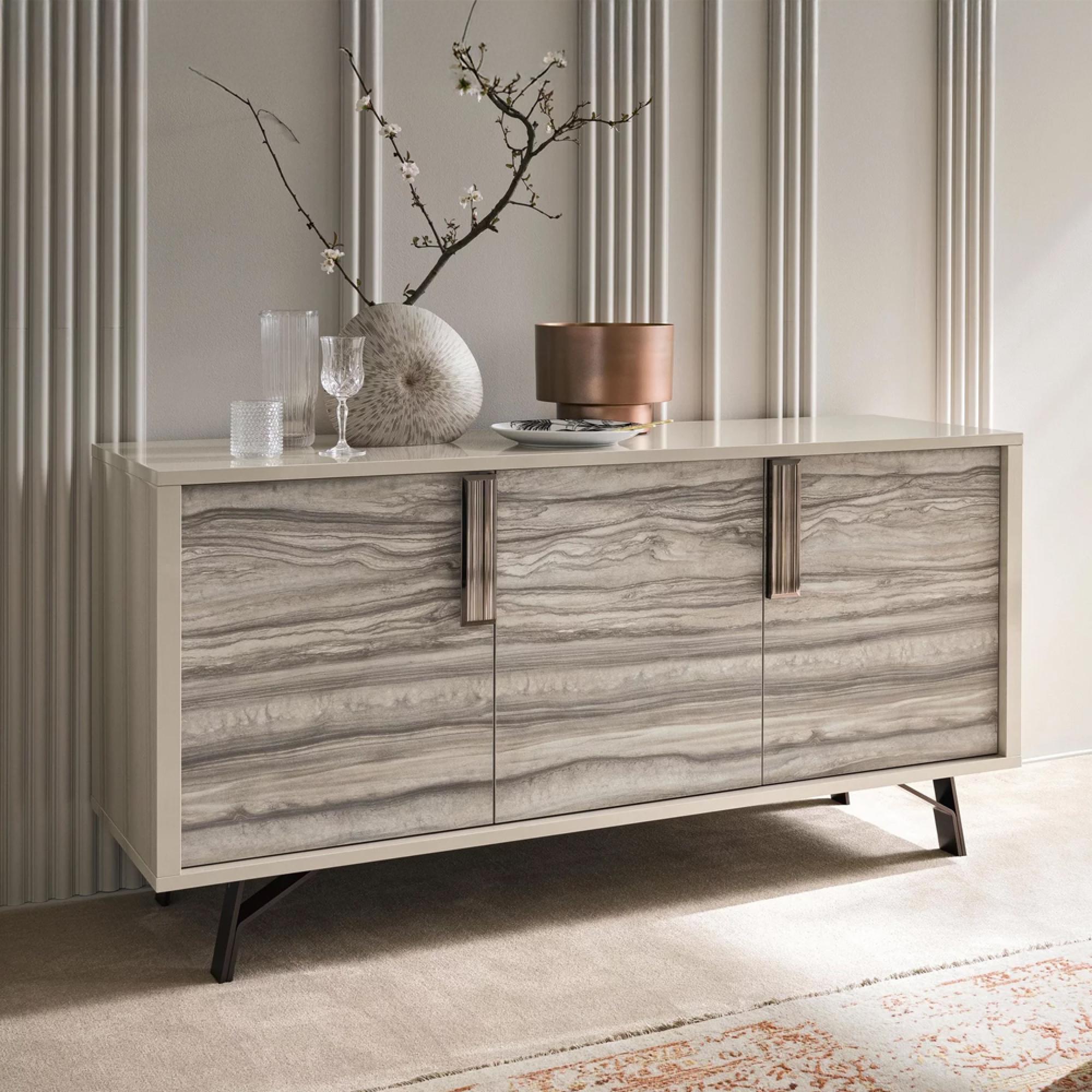 Jupiter Sideboard - 3 Door - Medium - Eco Stone and High Gloss Pearl Line