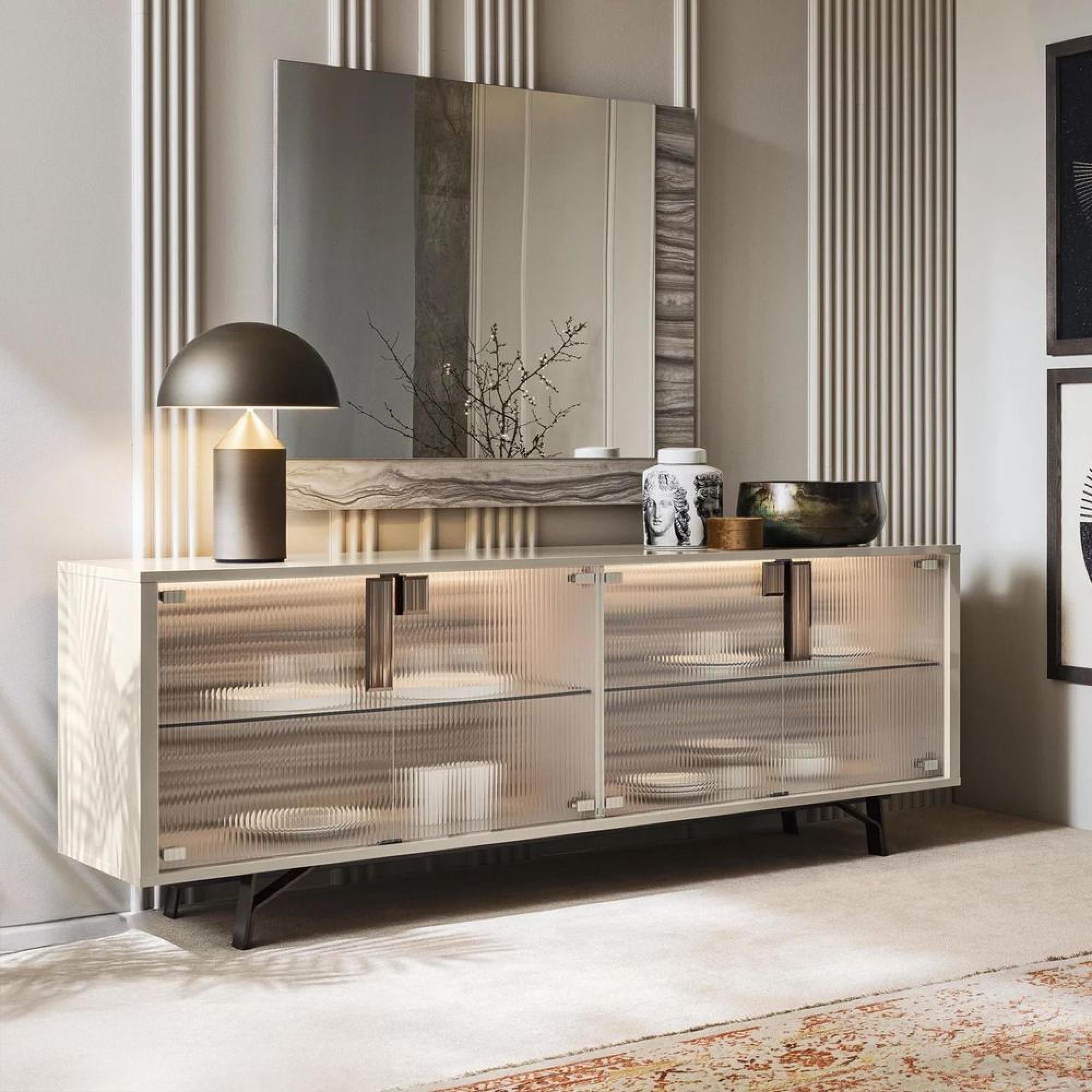 Jupiter Sideboard - with Light - 4 Fluted Glass Door - Extra Large - High Gloss Pearl Line