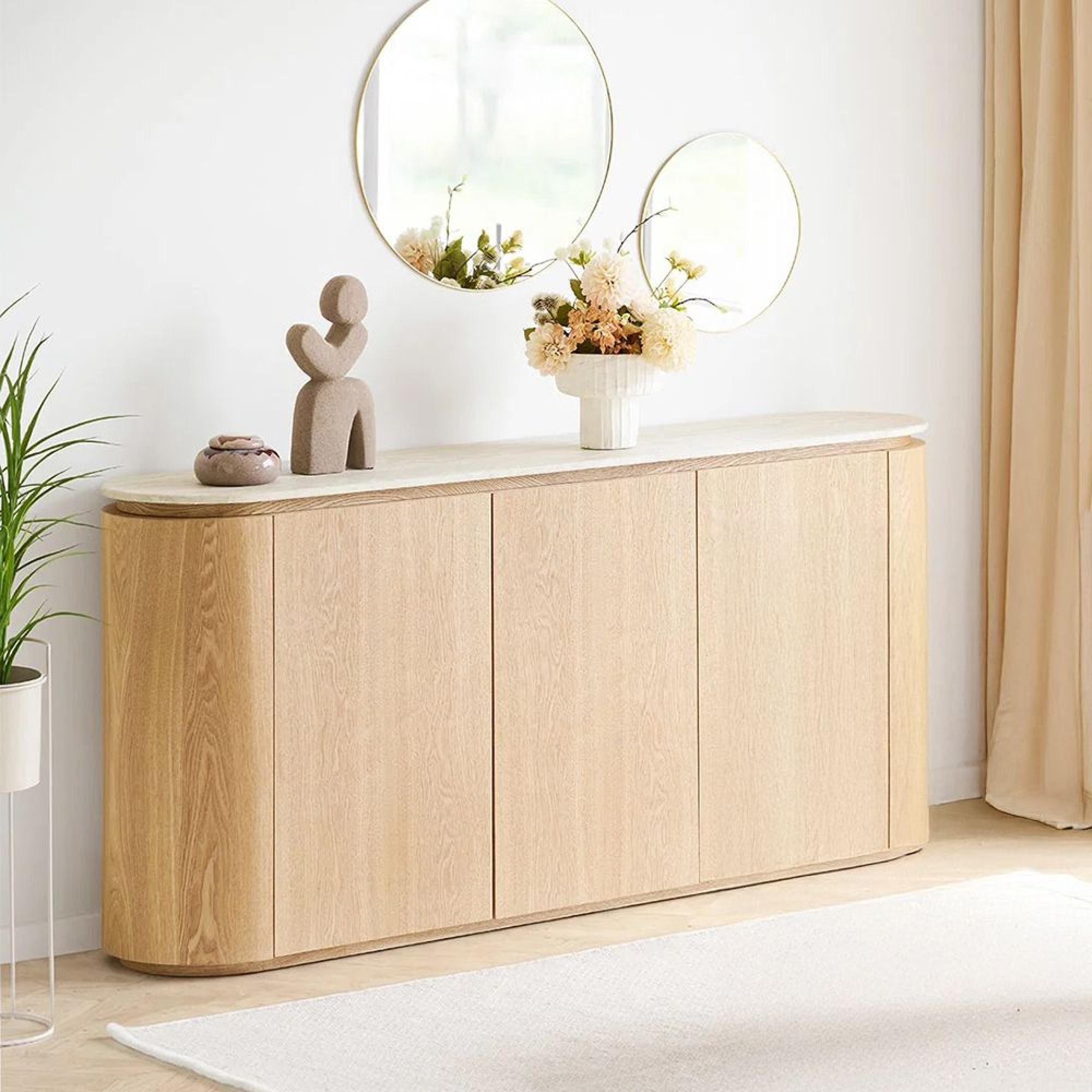 Larvik Curved Sideboard - 3 Door - Large - Off White and Natural - Granite and Wooden