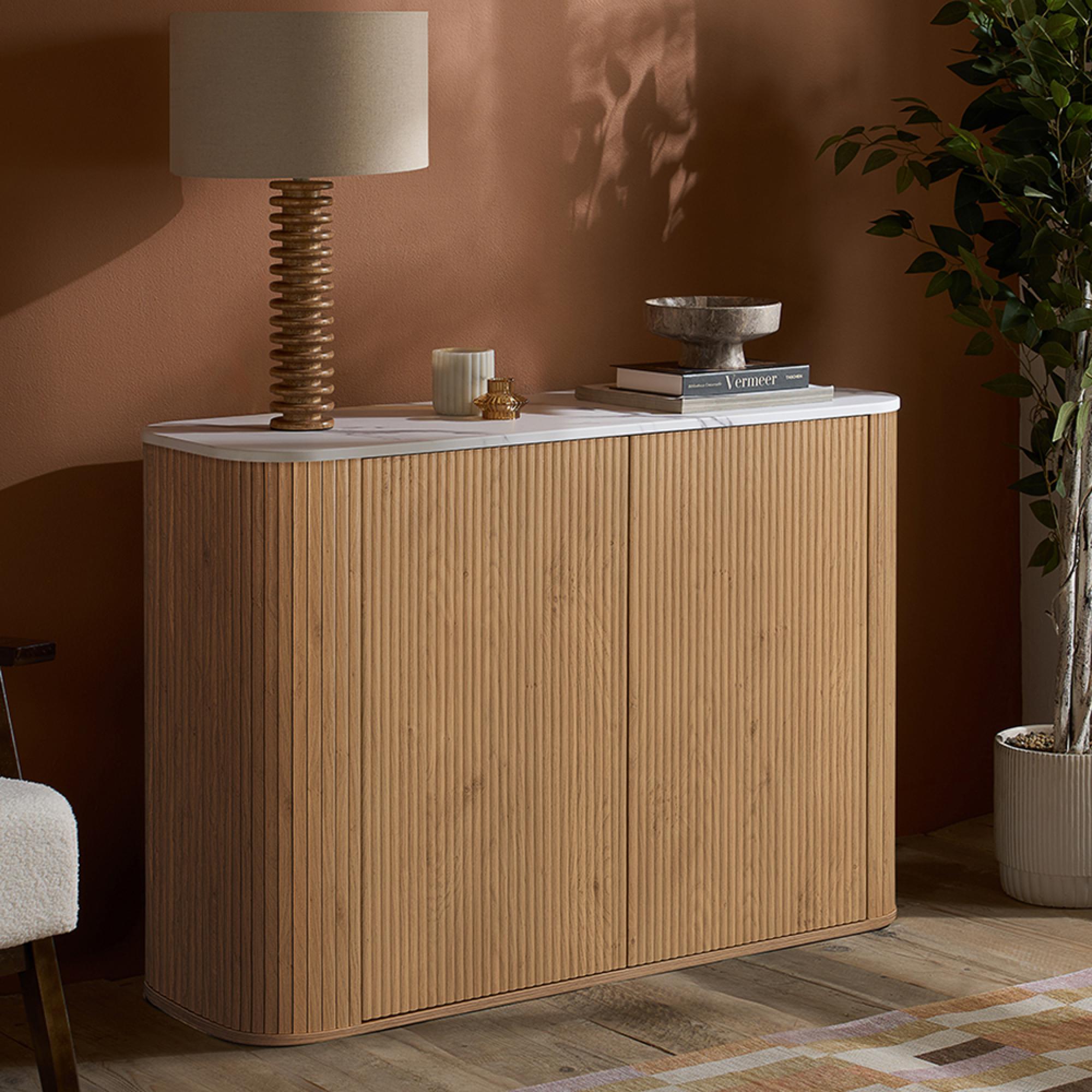 Russo Curved Sideboard - Fluted Base - 2 Door - 120cm - Small - White and Natural - Marble Top and Wooden