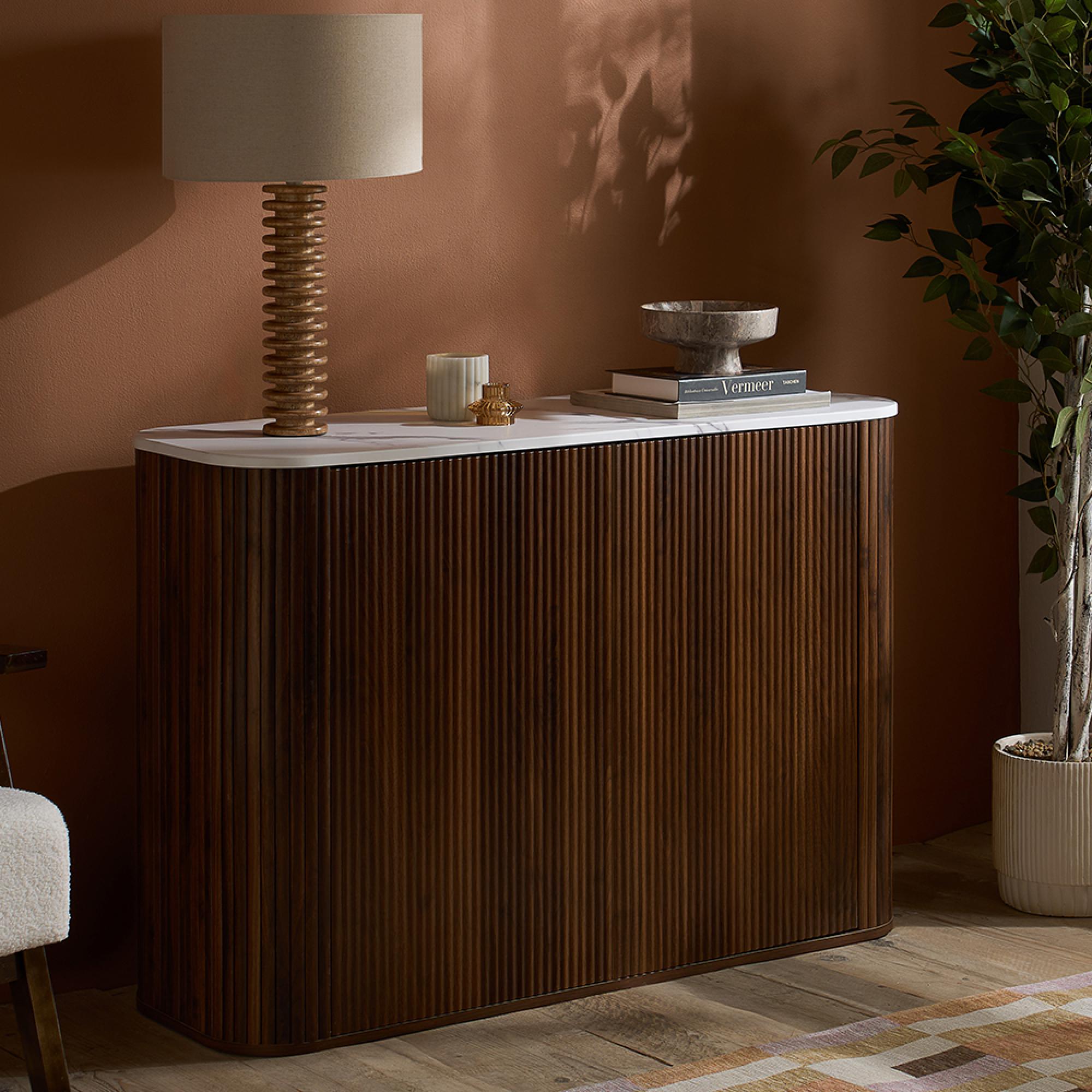 Russo Curved Sideboard - Fluted Base - 2 Door - 120cm - Small - Marble Top and Walnut