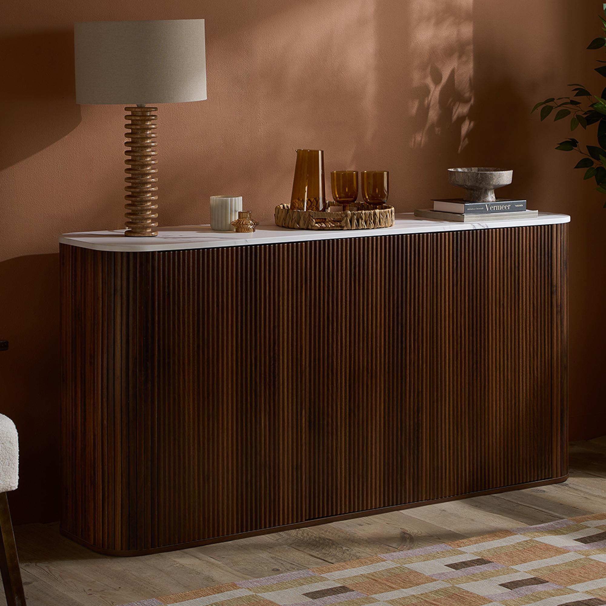 Russo Curved Sideboard - Fluted Base - 3 Door - 160cm - Medium - White and Walnut - Marble Top and Wooden