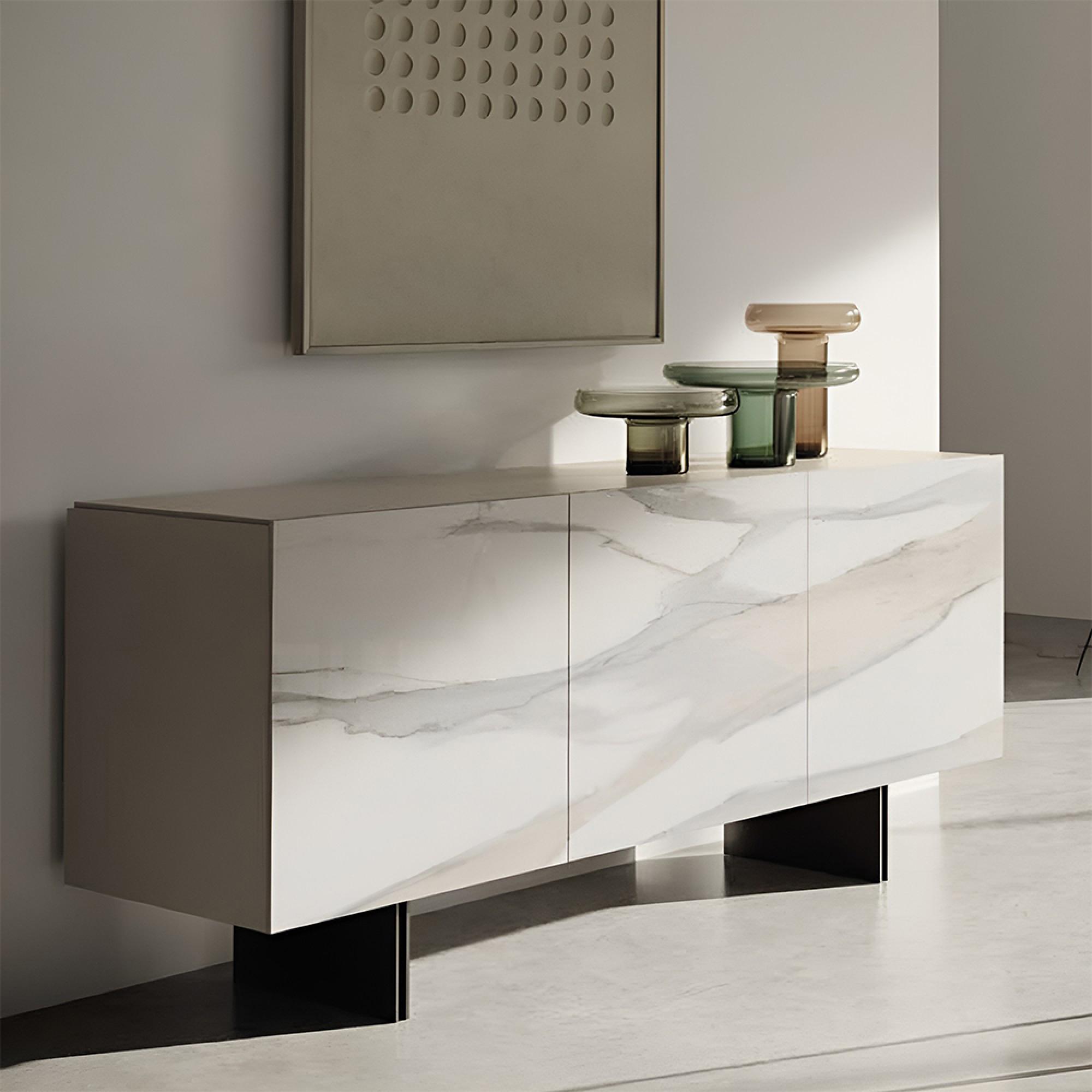 Zenith Italian Sideboard - 3 Door - 178cm - Large - Urban Velvet and Calacatta Gold - Ceramic and Wooden