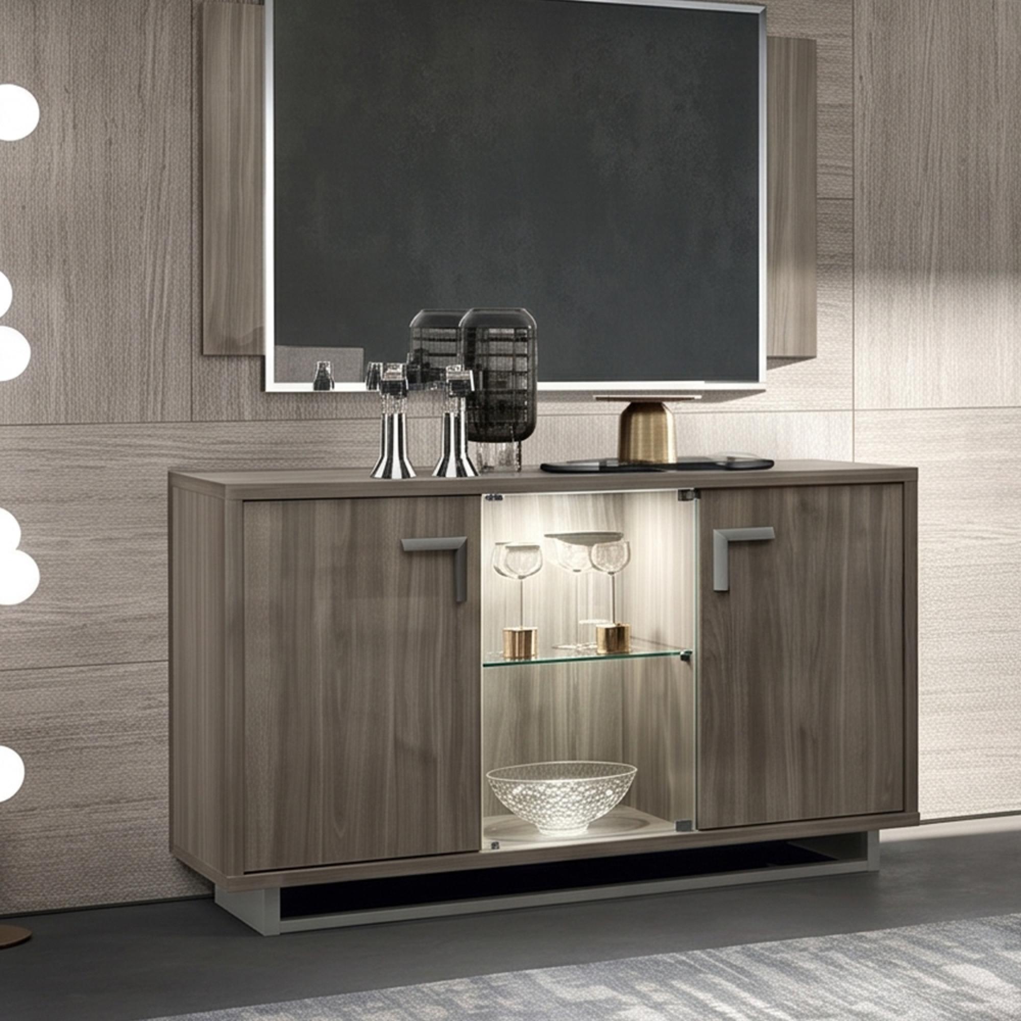 Volare Italian Sideboard - 3 Door 1 Glass Door - 142cm - Medium - with LED Light - Venetian Grey