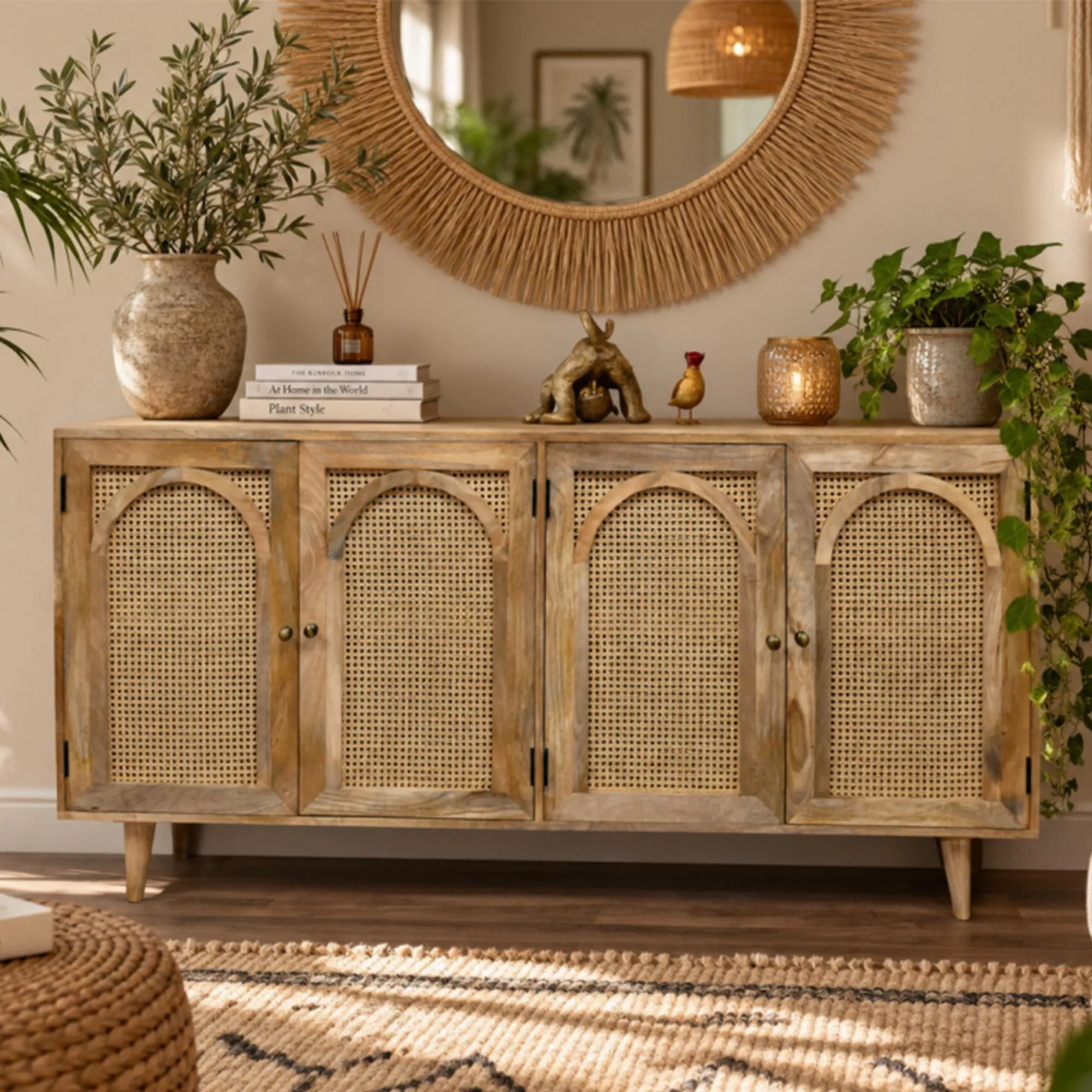 Sideboard - Acacia Wood and Rattan - 4 Door - Extra Large - 180cm