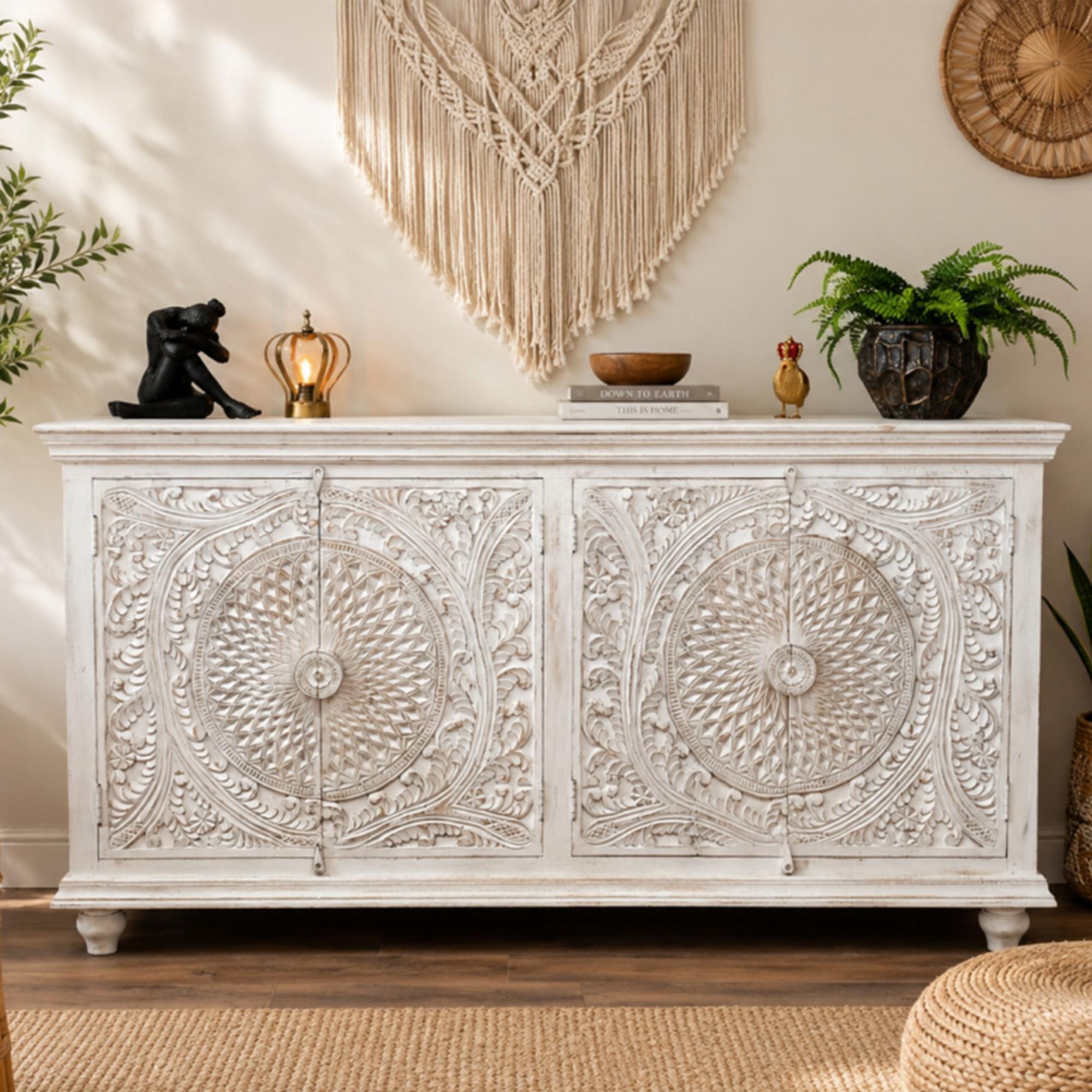 Sideboard - White Washed Carved Mango Wood - 4 Door - Large - 180cm