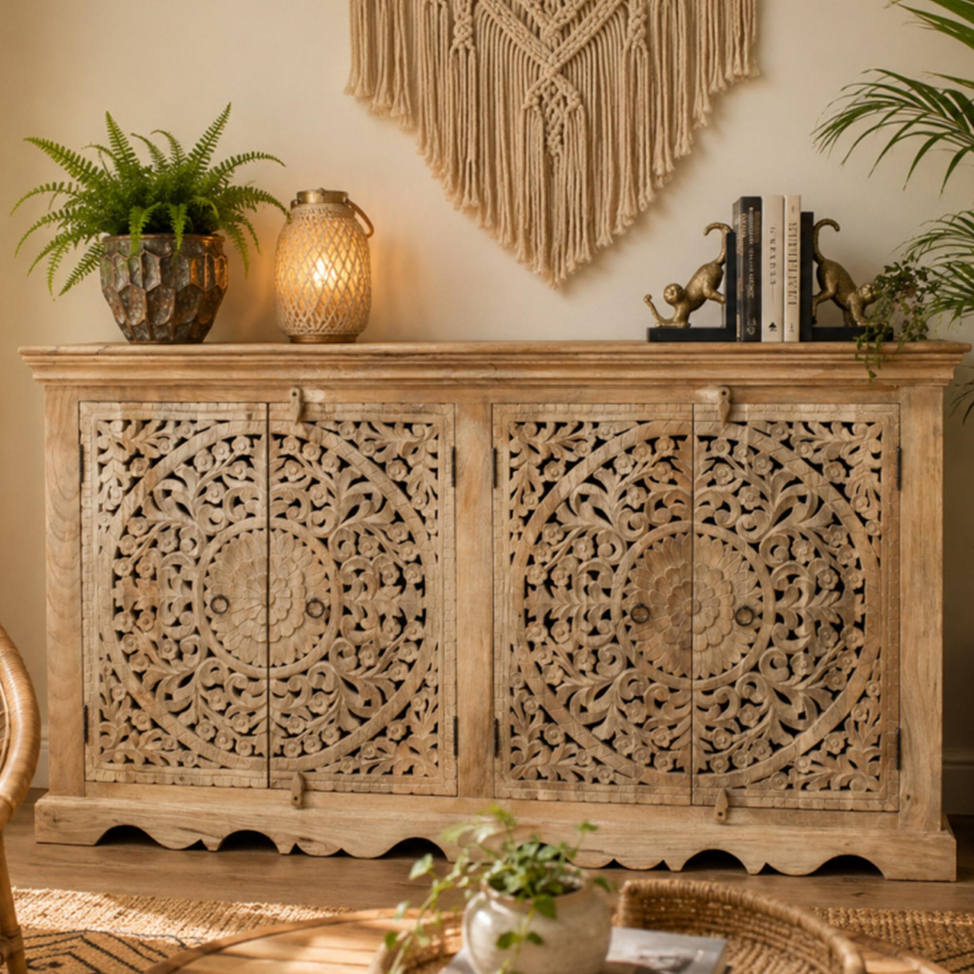 Sideboard - Carved Mango Wood - 4 Door - Large - 160cm