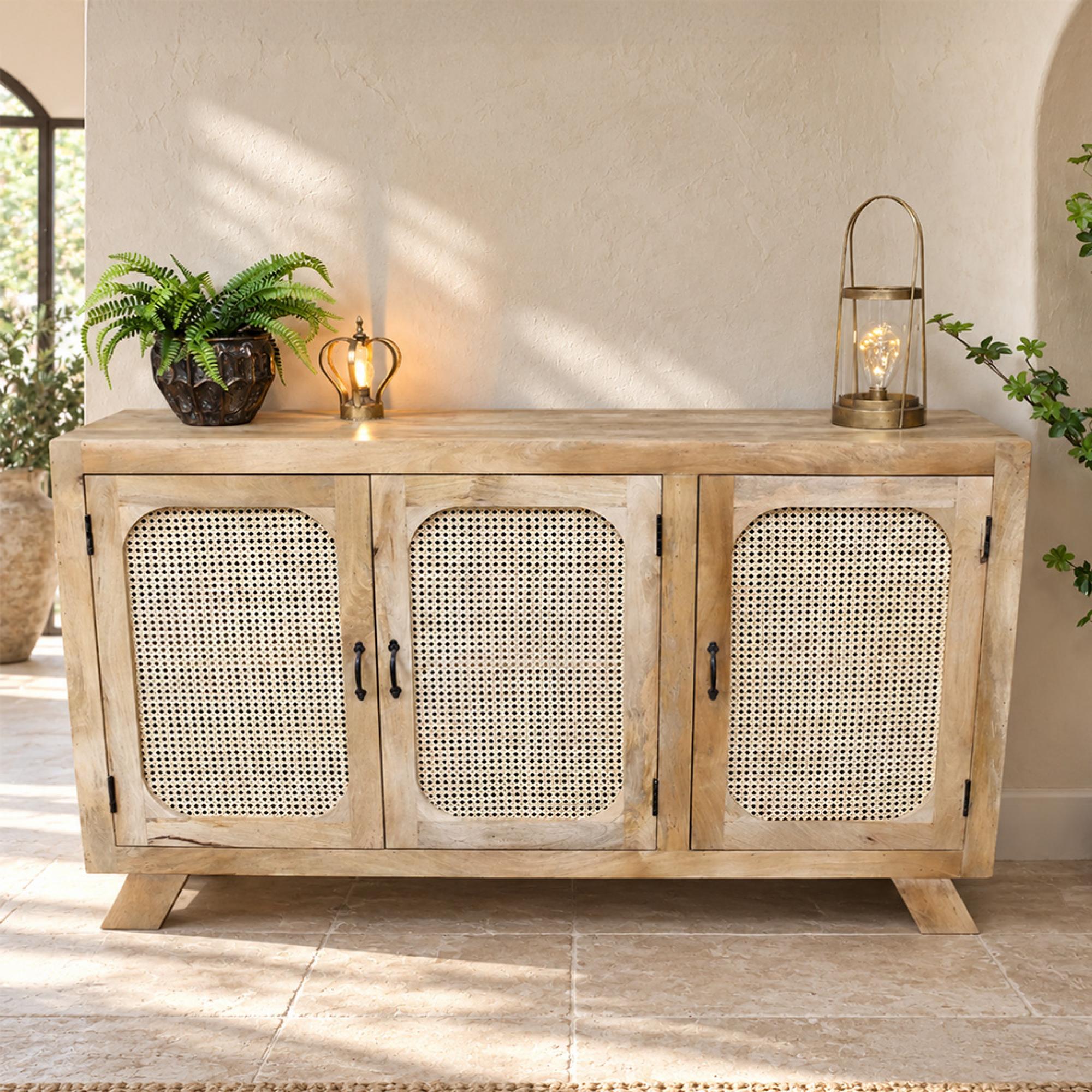 Sideboard - Mango Wood and Rattan - 3 Door - Medium - 150cm