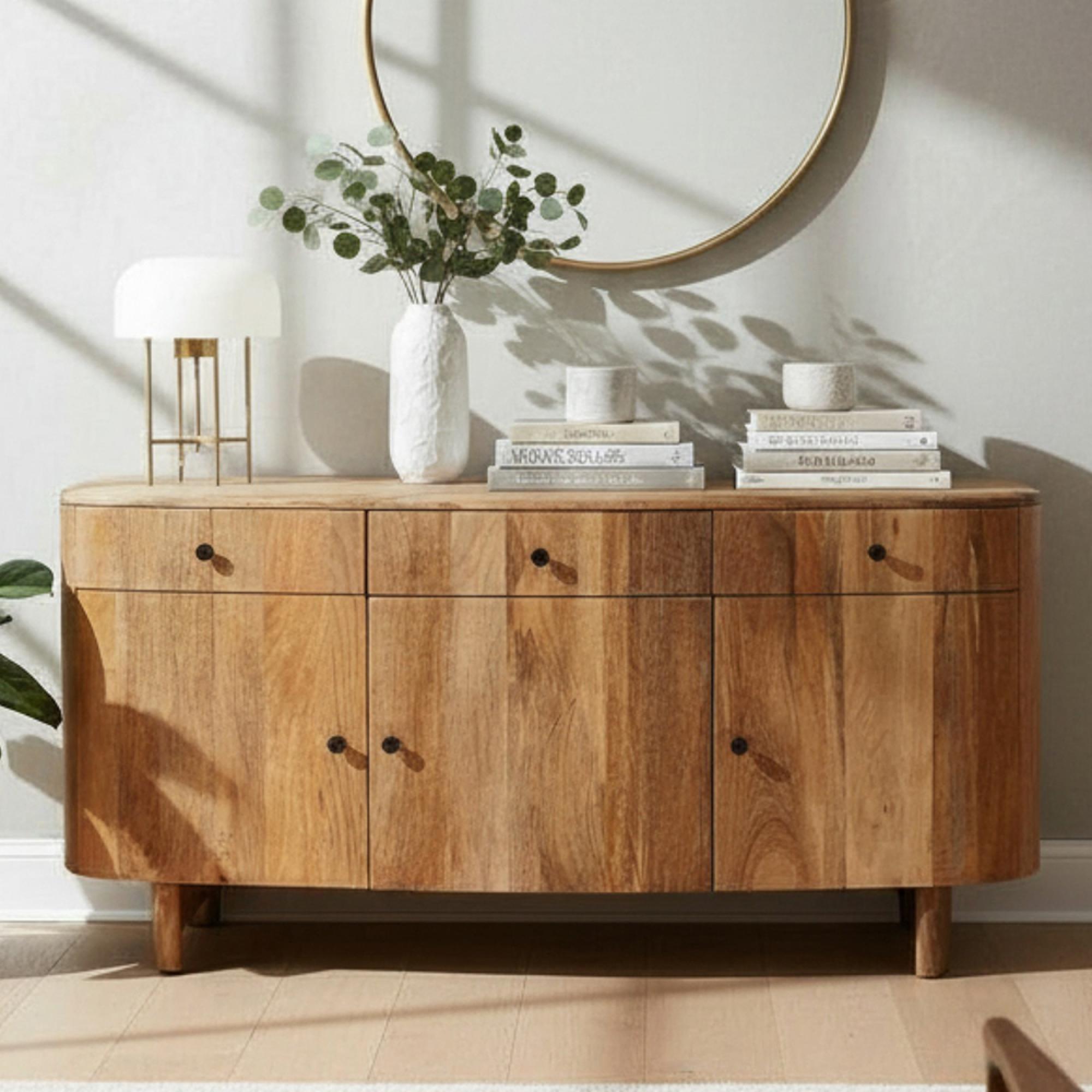 Sindhu Natural Mango Wood 3 Door 3 Drawer 150cm Medium Curved Sideboard