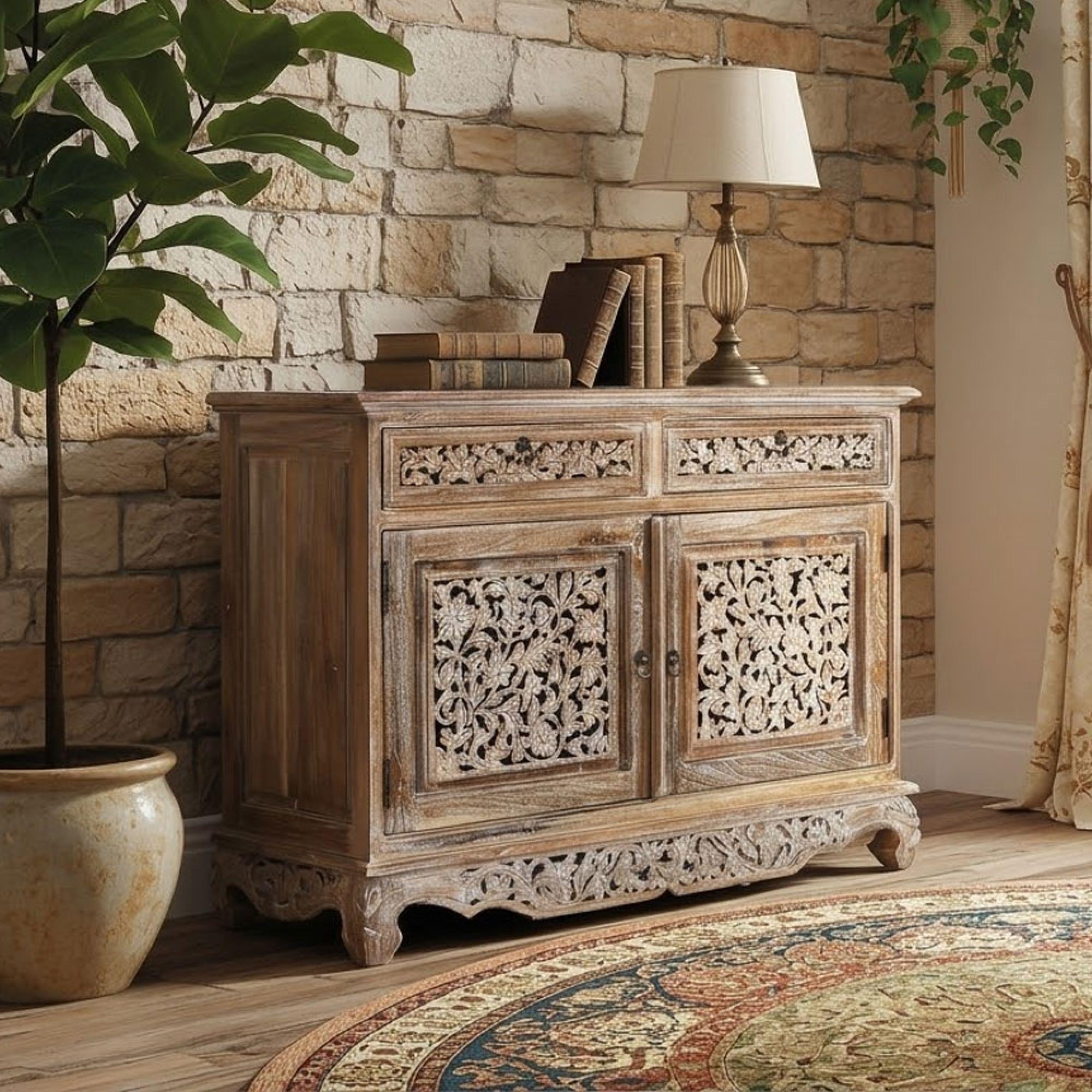 Aura Distressed White Washed Hand Carved Floral 100cm Storage Small Sideboard