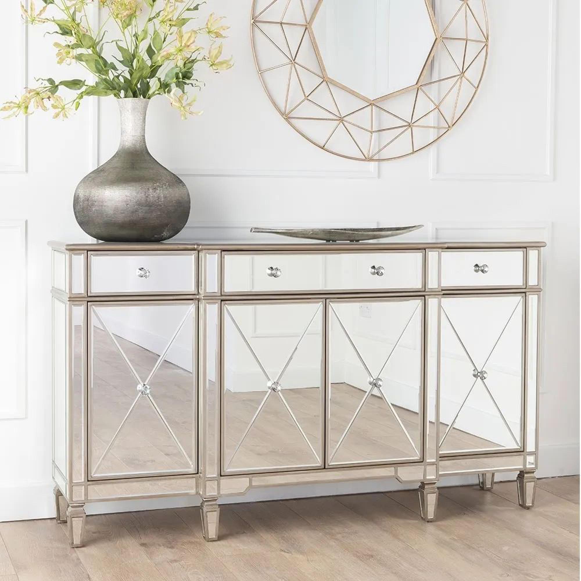 Antoinette Large Sideboard - 160cm - 4 Door - Mirrored - Champagne Trim