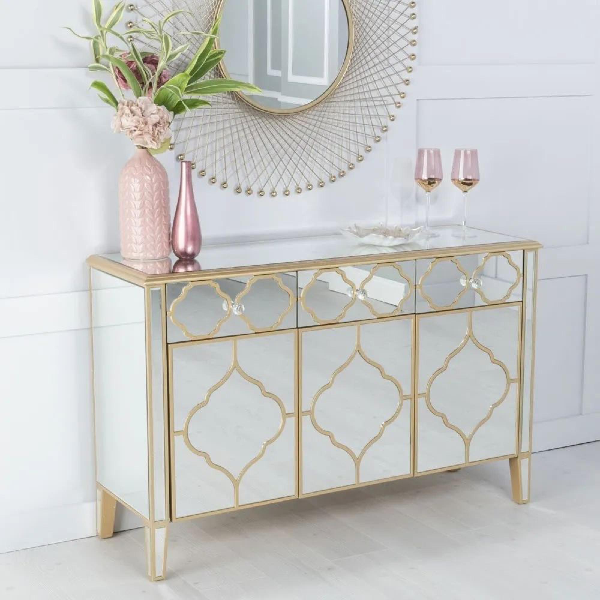 Casablanca Large Sideboard - 125cm - 3 Door - Mirrored - Gold Trim