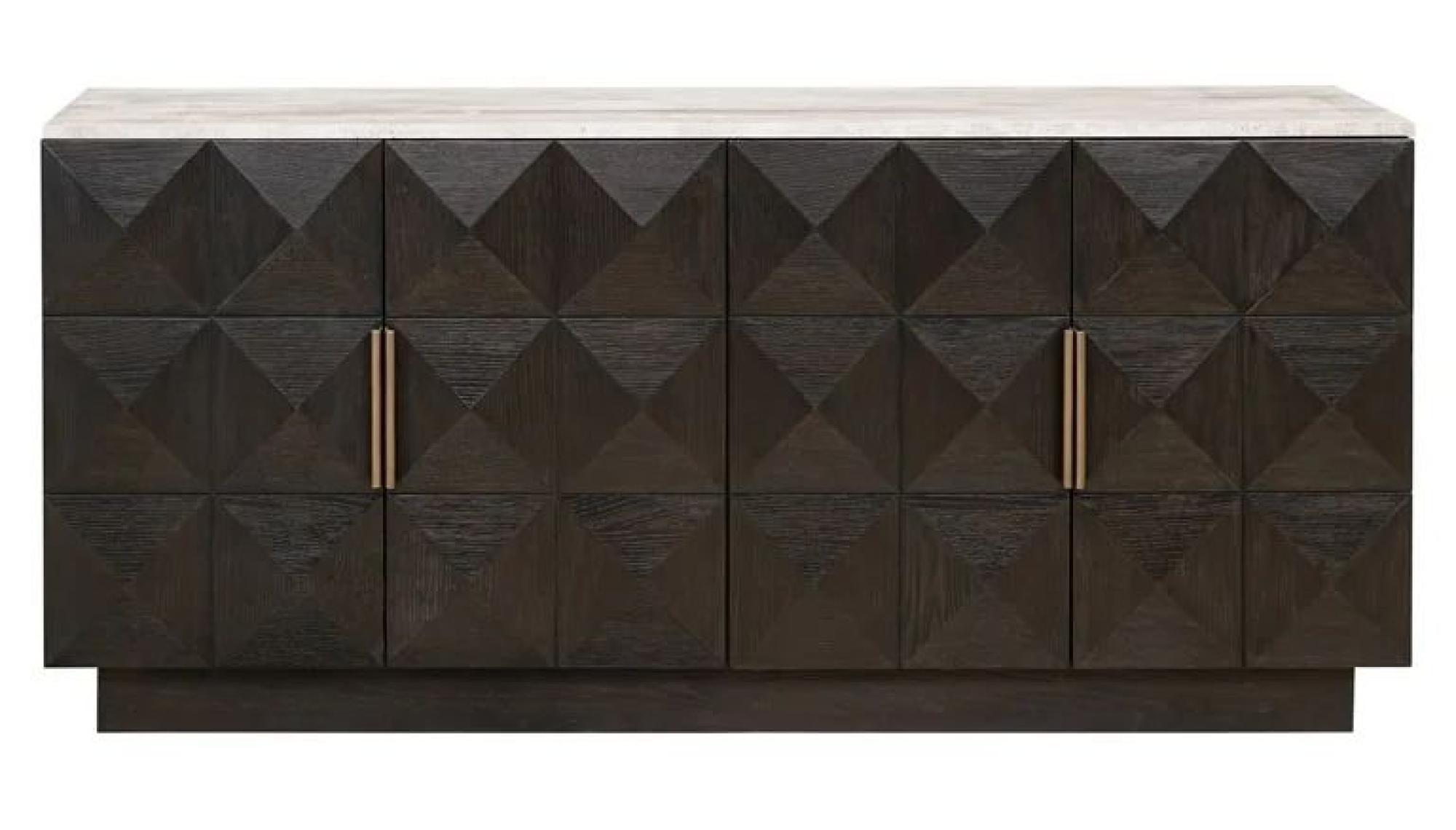 Claremont Dark Wood 4 Door Extra Large Geometric Sideboard with Travertine Top