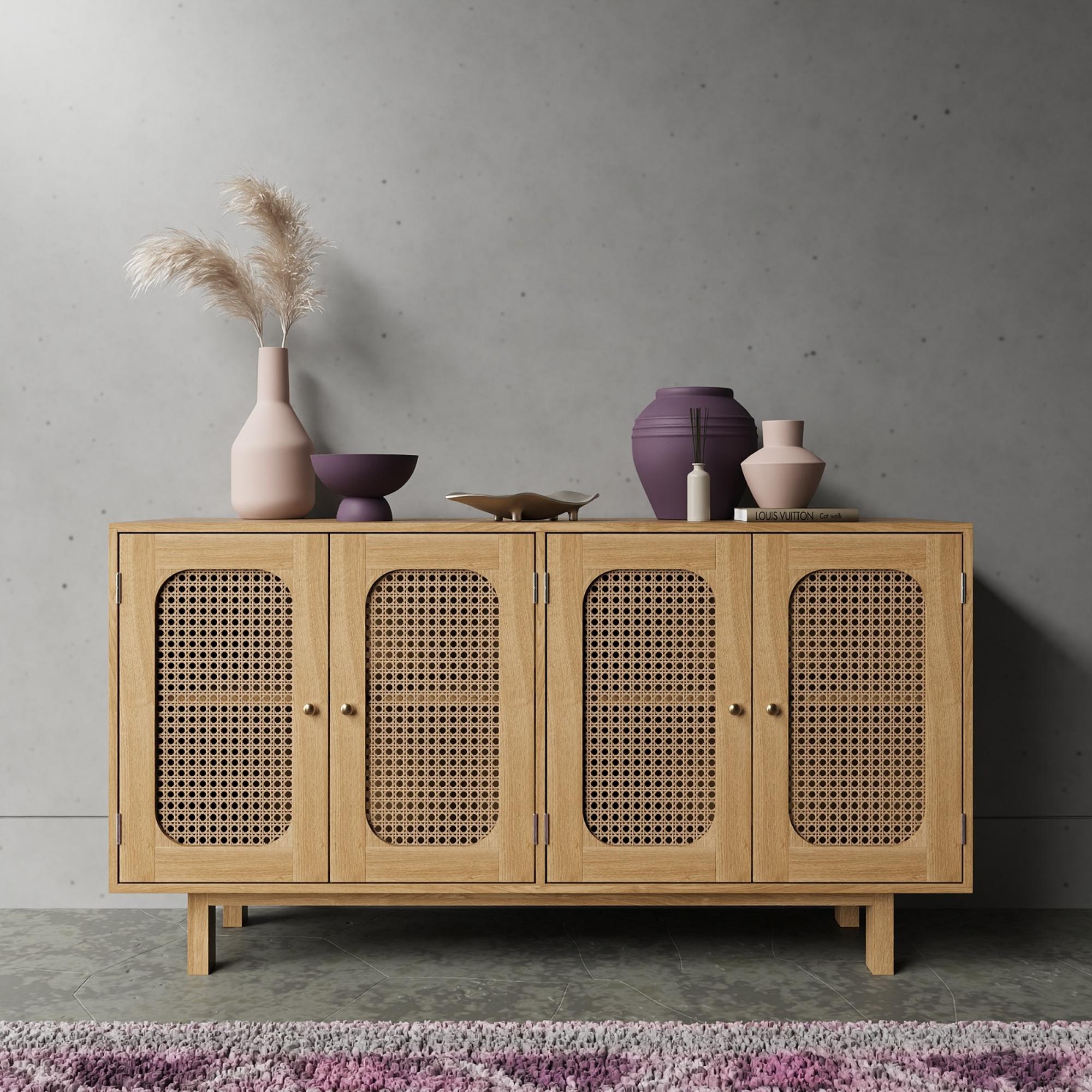 Clearance - Retro Sideboard - Wood and Rattan - 4 Door