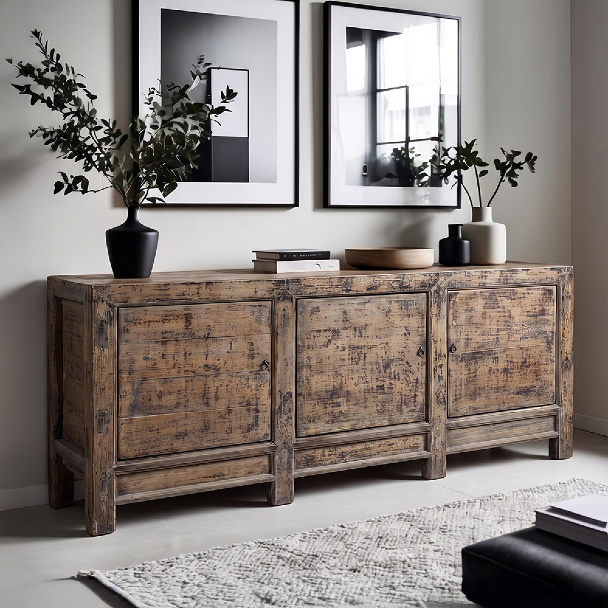 Distressed Sideboard - 3 Door - 209cm - Extra Large - Brown - Elm Wood