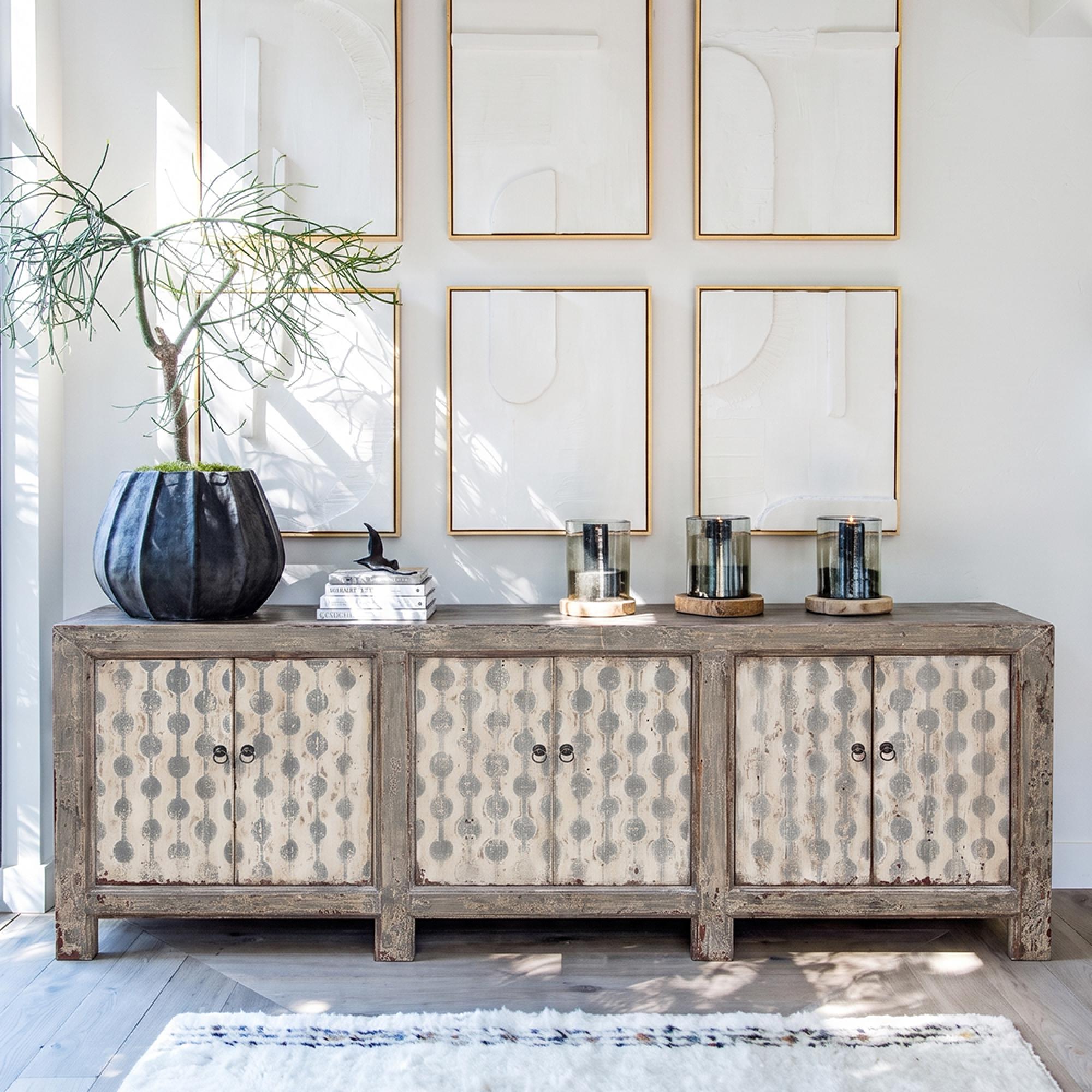 Distressed Sideboard - 6 Door - 227cm - Patterned  - Extra Large - Grey - Lacquered Pine Wood