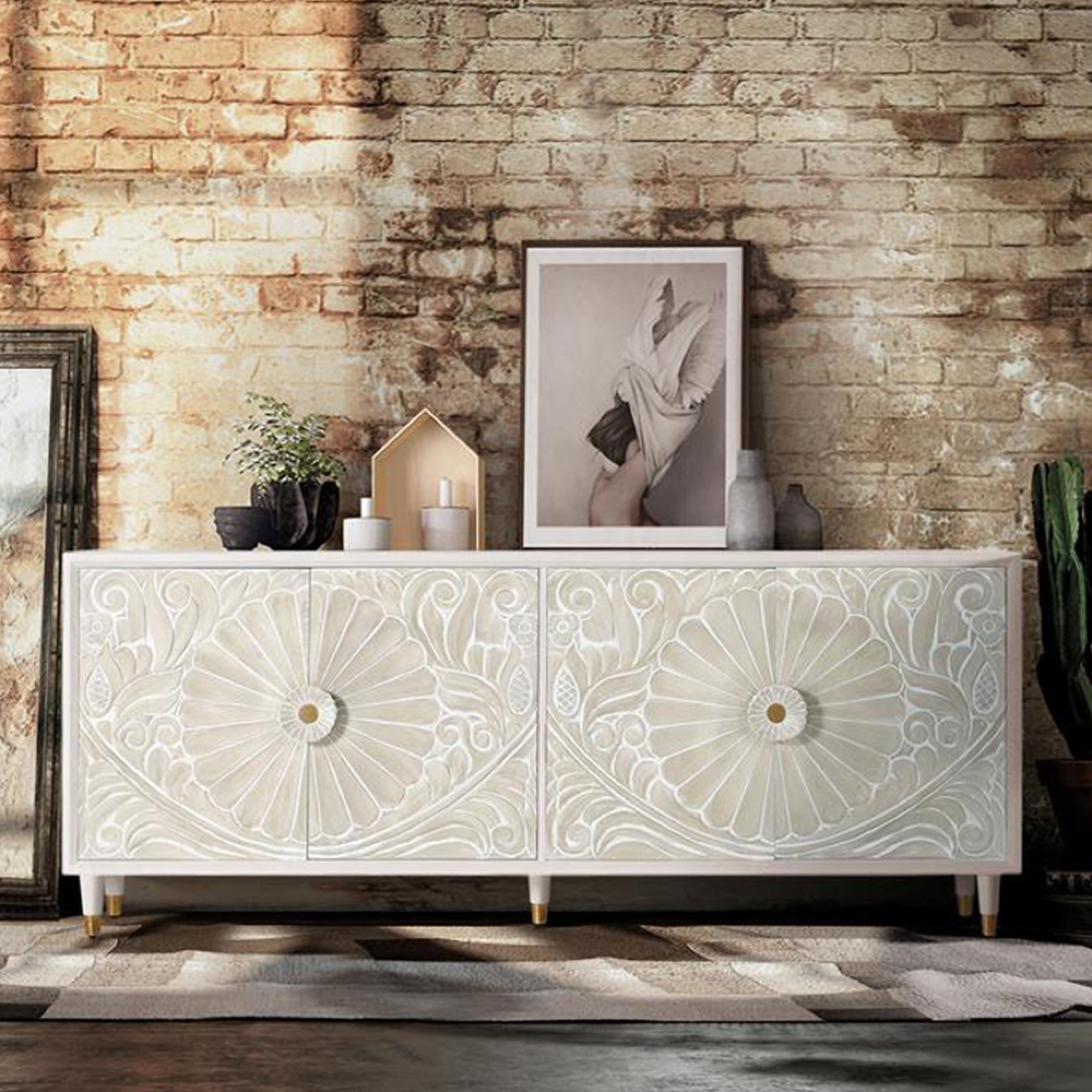 Dover Sideboard - White Carved Mango Wood - 4 Door - Extra Large - 190cm