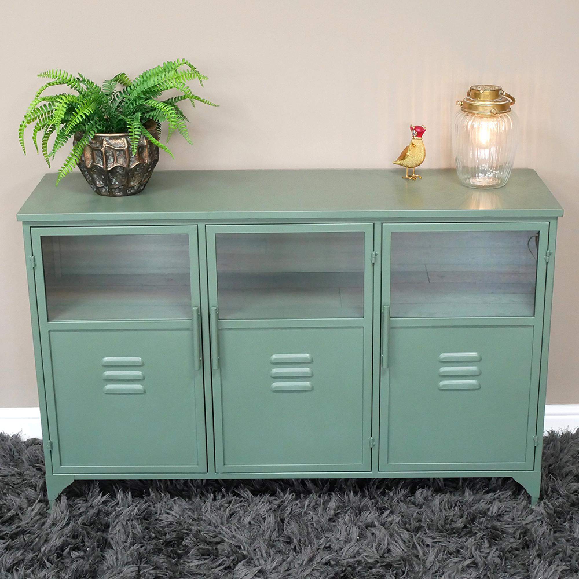 Sideboard - 3 Door - Green Metal - Medium - 120cm - Industrial