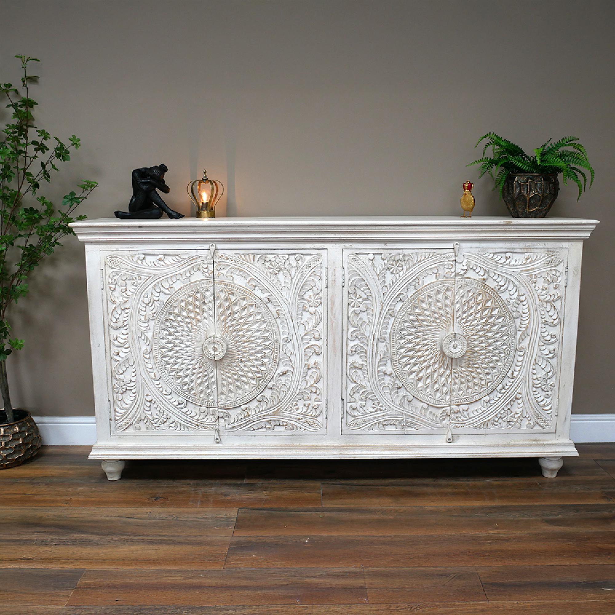 Sideboard - White Washed Carved Mango Wood - 4 Door - Large - 180cm