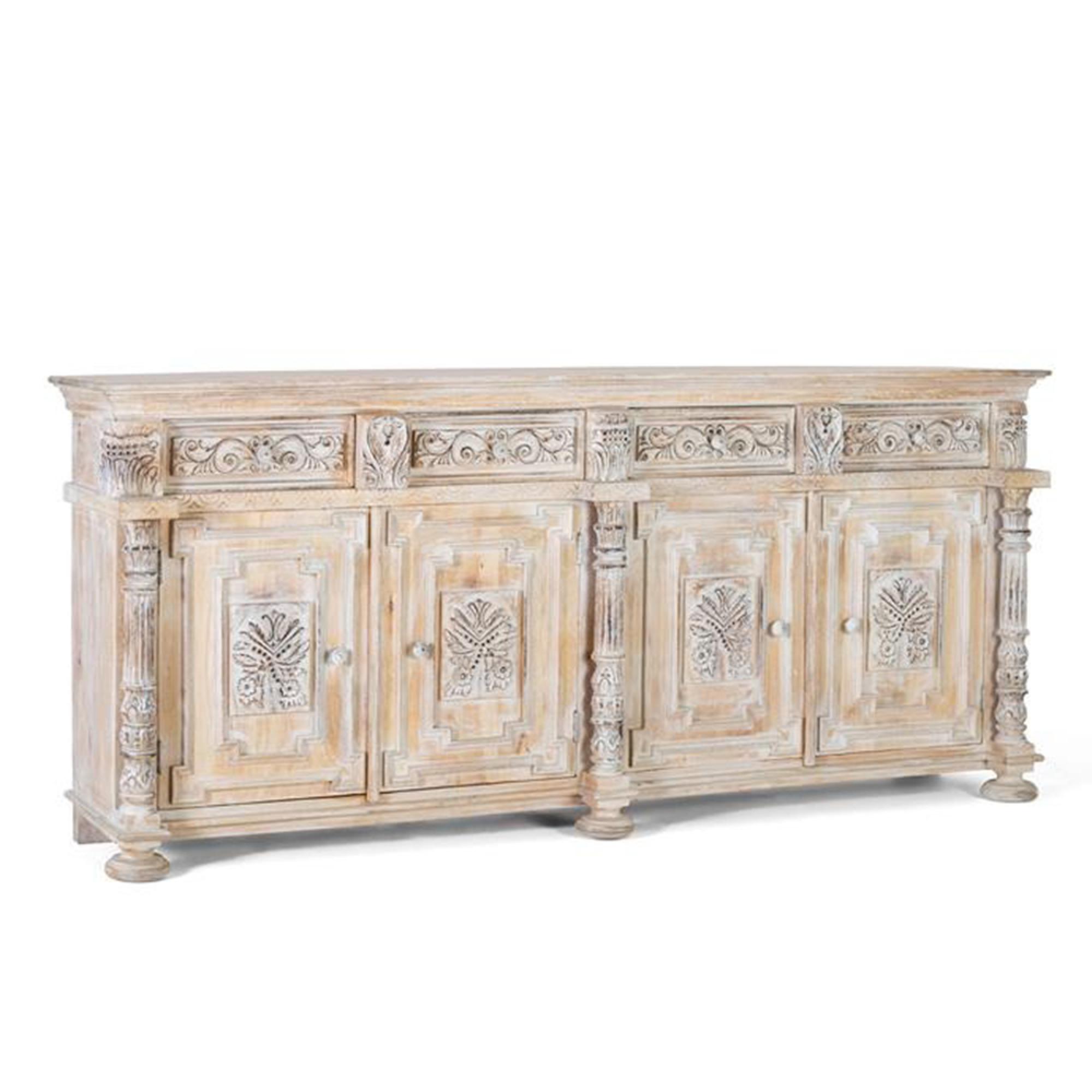 Halambres Sideboard - Distressed Carved Mango Wood - 4 Door - Extra Large - 225cm