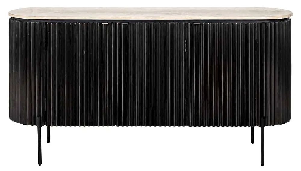 Hampton 3 Door Black Fluted Large Sideboard with Travertine Beige Top
