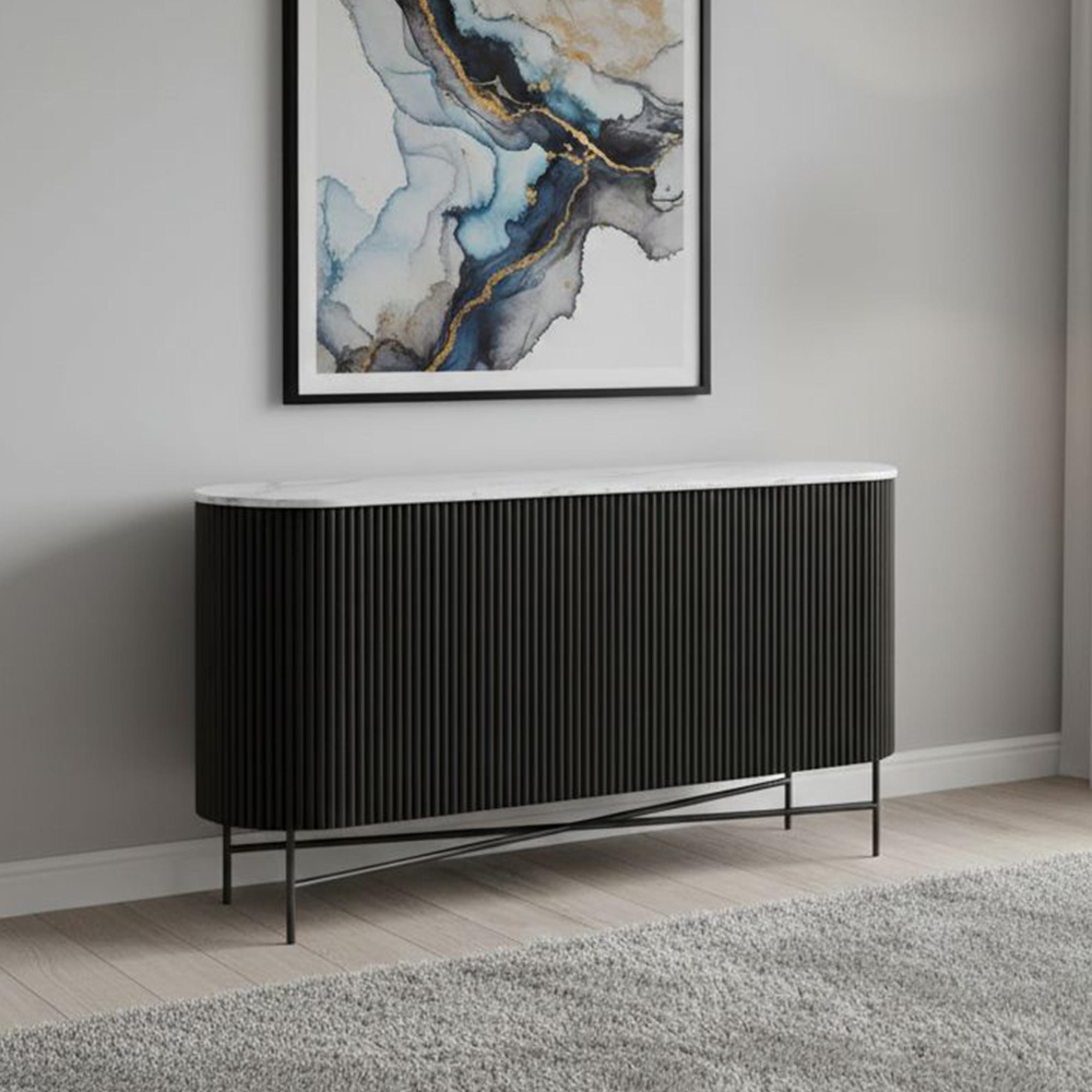 Lucas Black Sideboard - 150cm Medium 2 Door Fluted Curved - White Marble Top