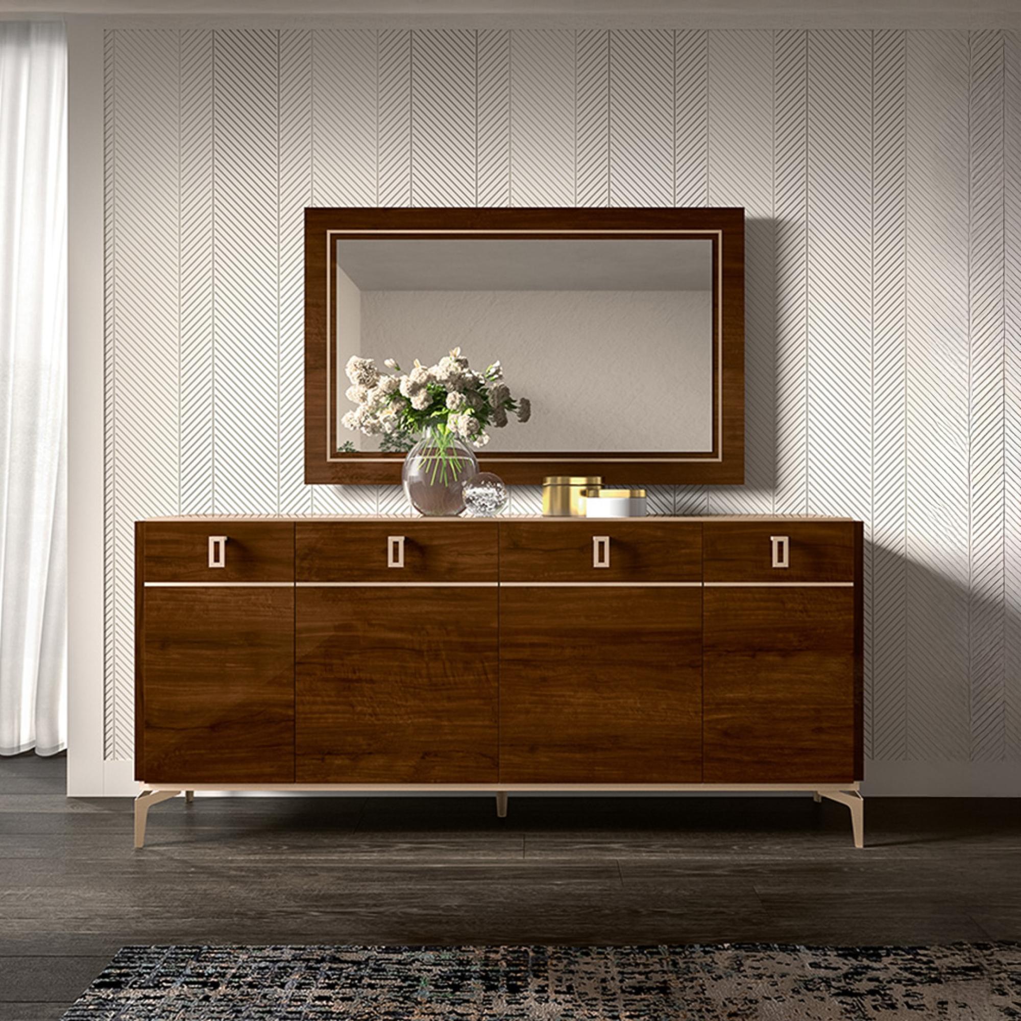 Modern Eva Large Buffet Sideboard - 4 Doors - Walnut with Gold Trim