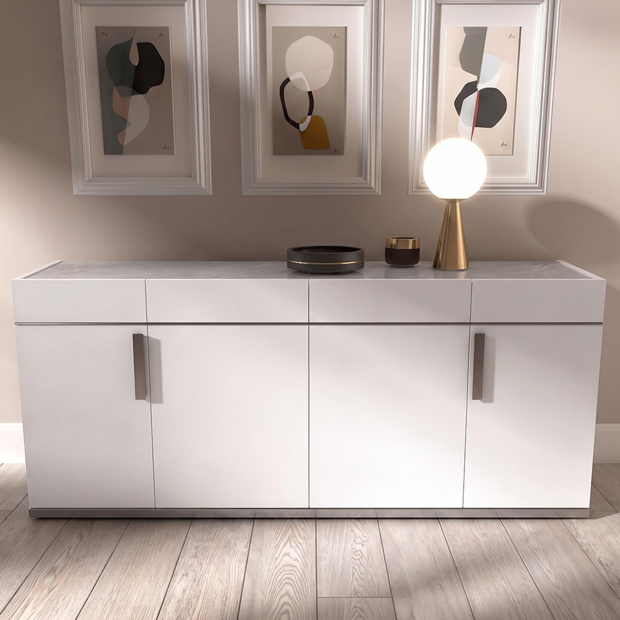 Modern Mara Large Buffet Sideboard - 195cm - 4 Doors with Metal Handle - White