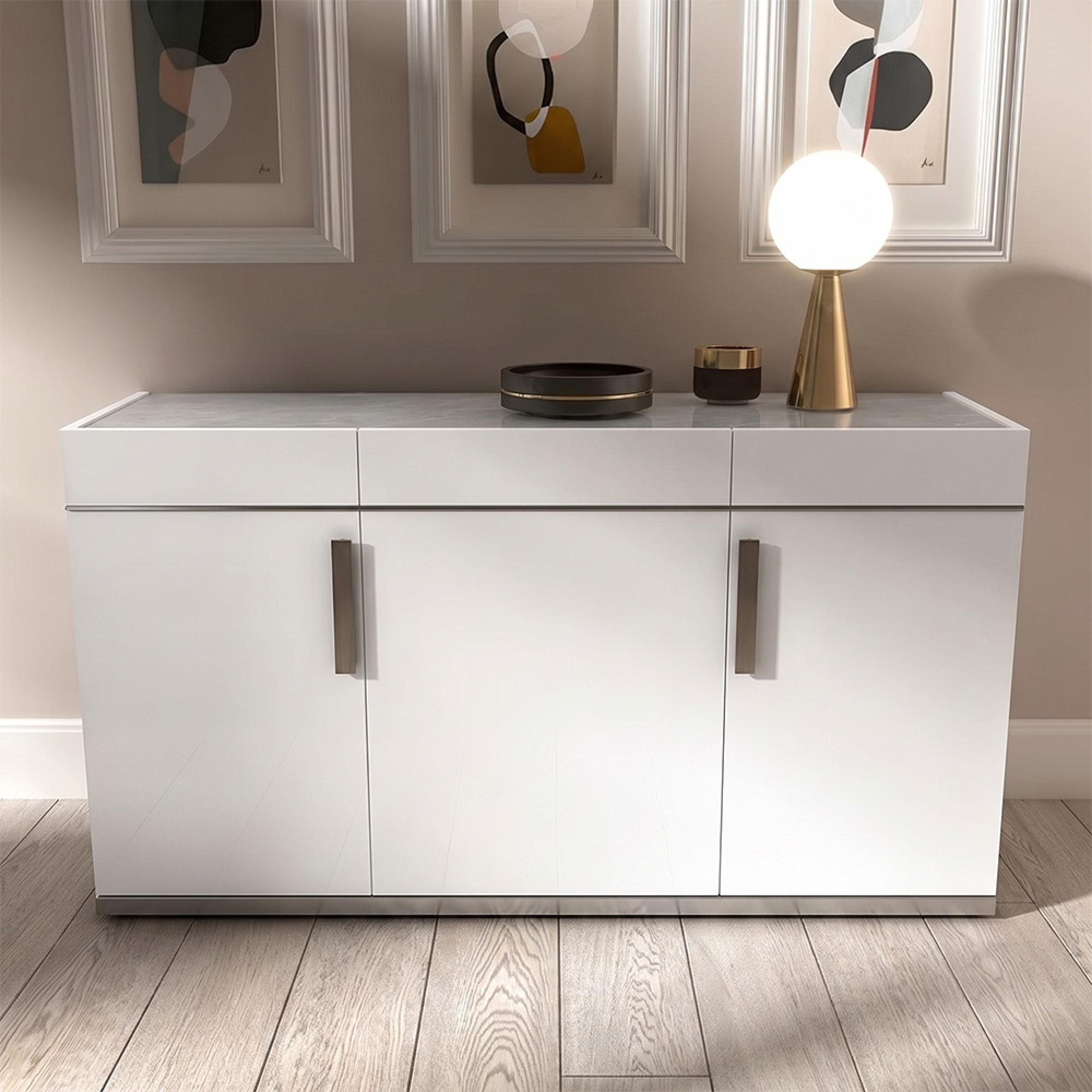 Modern Mara Medium Buffet Sideboard - 140cm - 3 Doors with Metal Handle - White