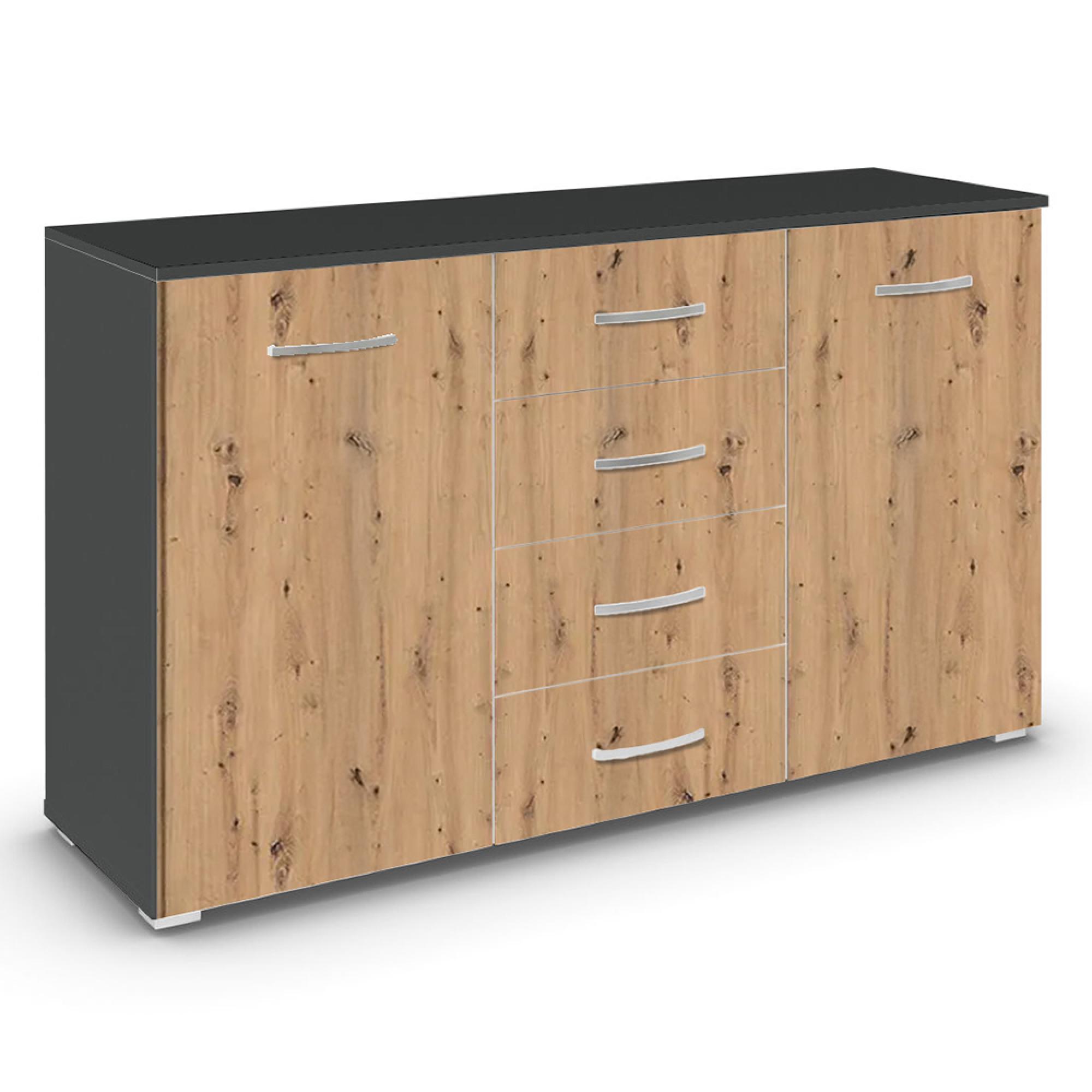 Aditio Medium Sideboard - 120cm - 2 Door - 4 Drawer - Metallic Dark Grey & Artisan Oak