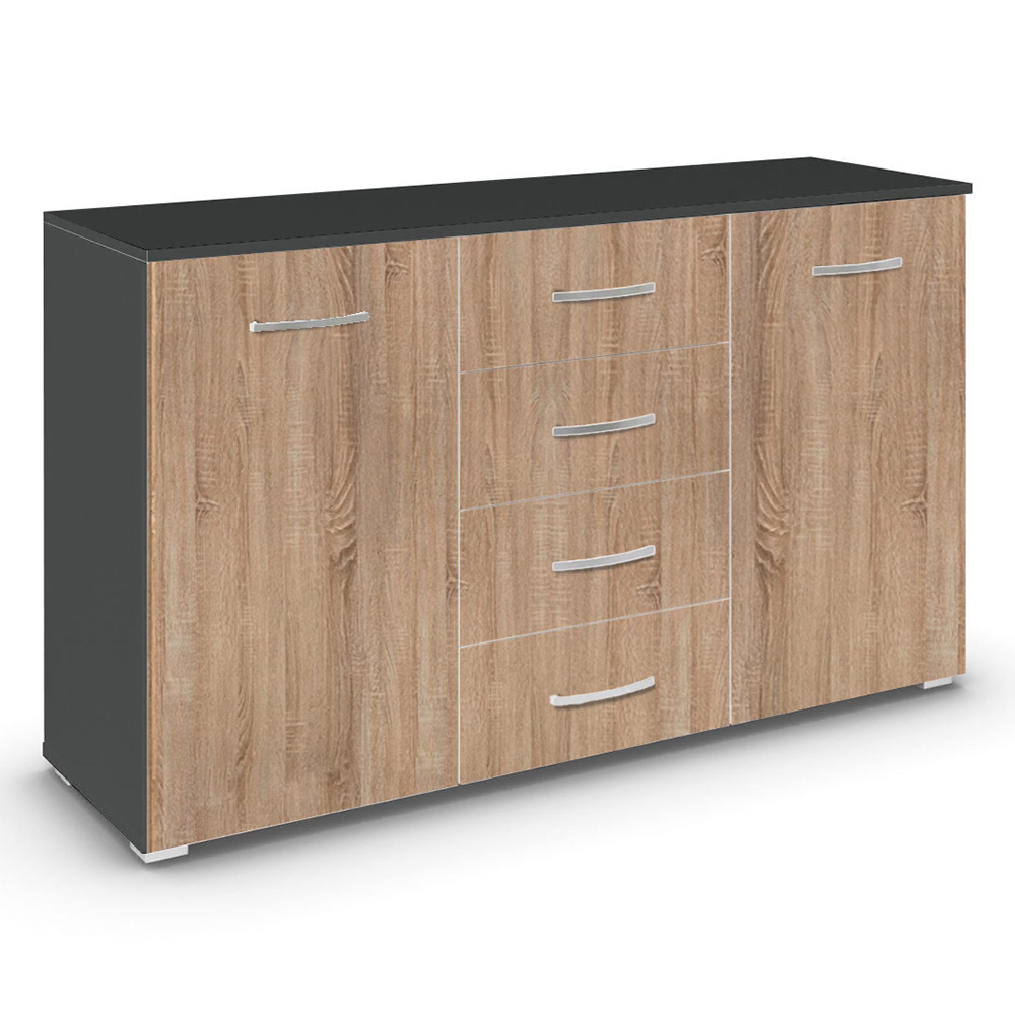 Aditio Medium Sideboard - 120cm - 2 Door - 4 Drawer - Metallic Dark Grey & Sonoma Oak