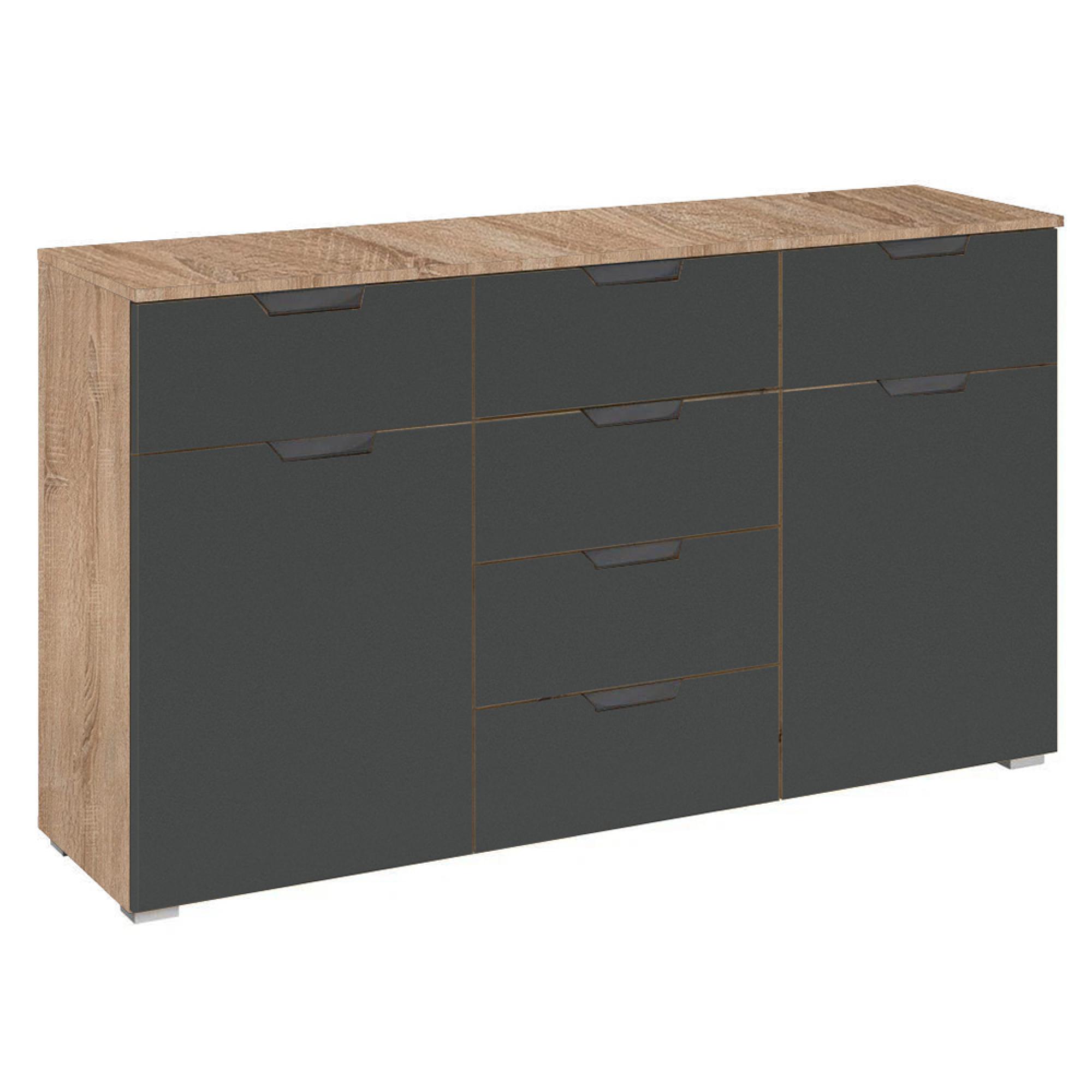 Aditio Medium Sideboard - 120cm - 2 Door - 6 Drawer - Sonoma Oak & Metallic Dark Grey