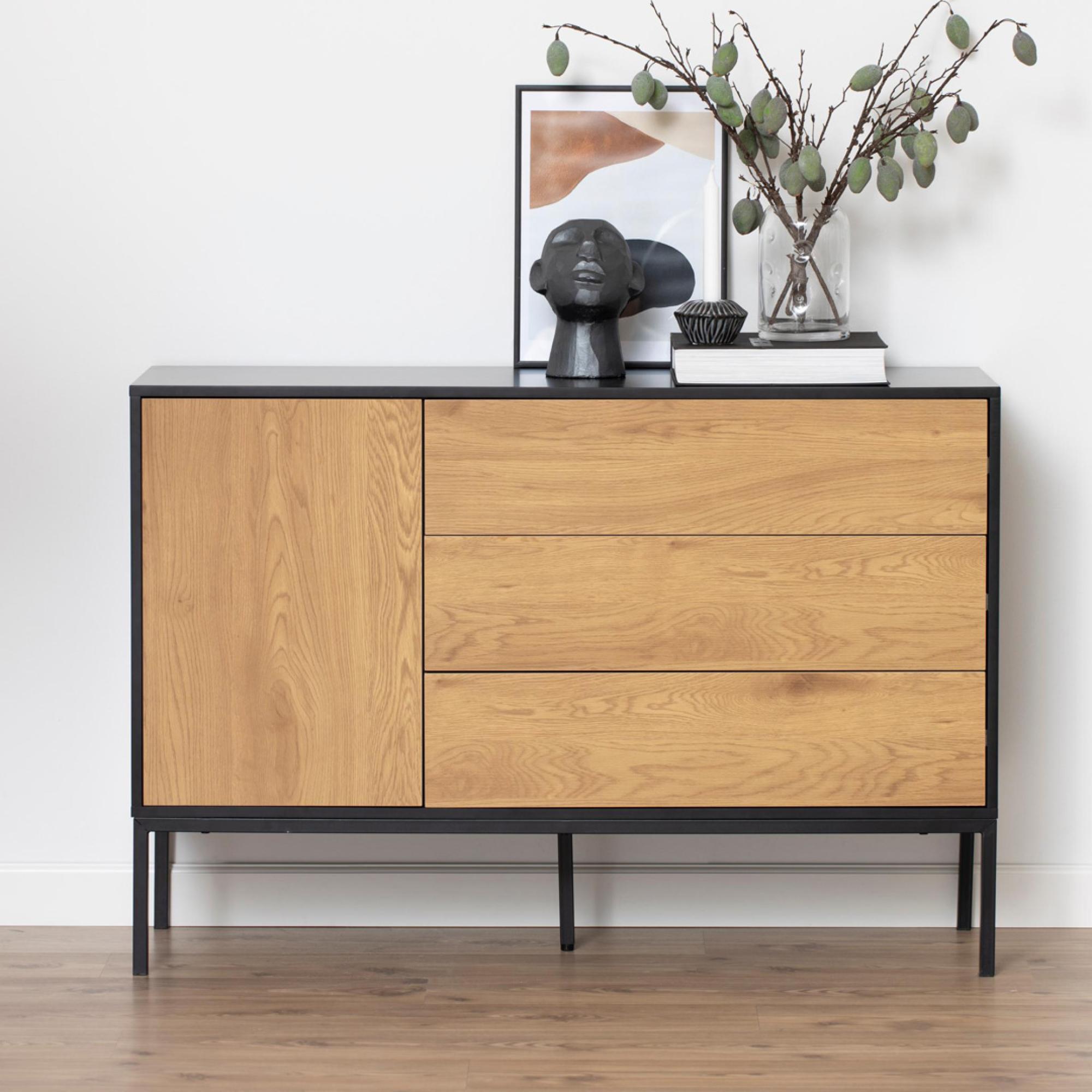 Seaford Small Sideboard - 1 Door - 120cm - Oak and Black Metal
