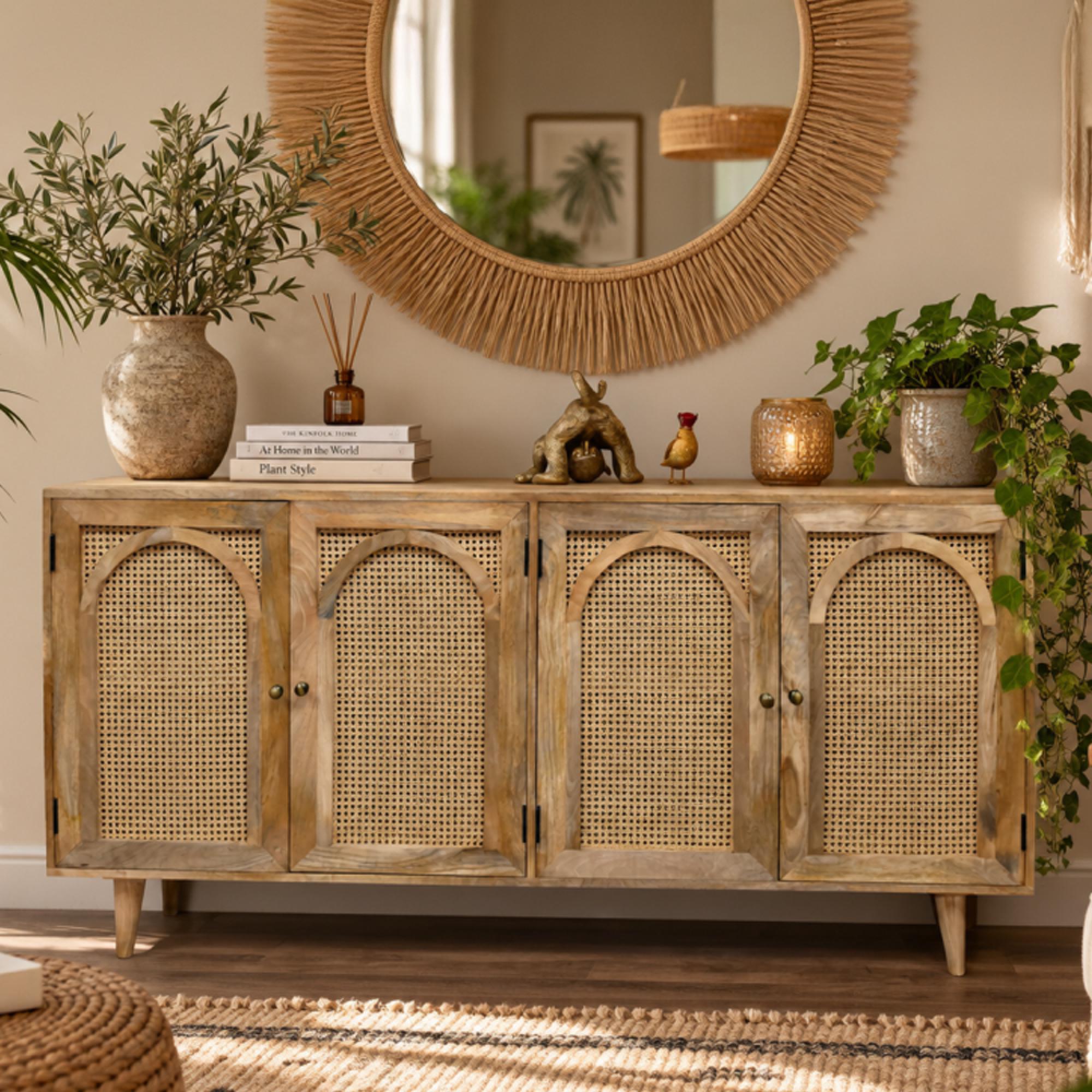 Sideboard - Acacia Wood and Rattan - 4 Door - Extra Large - 180cm