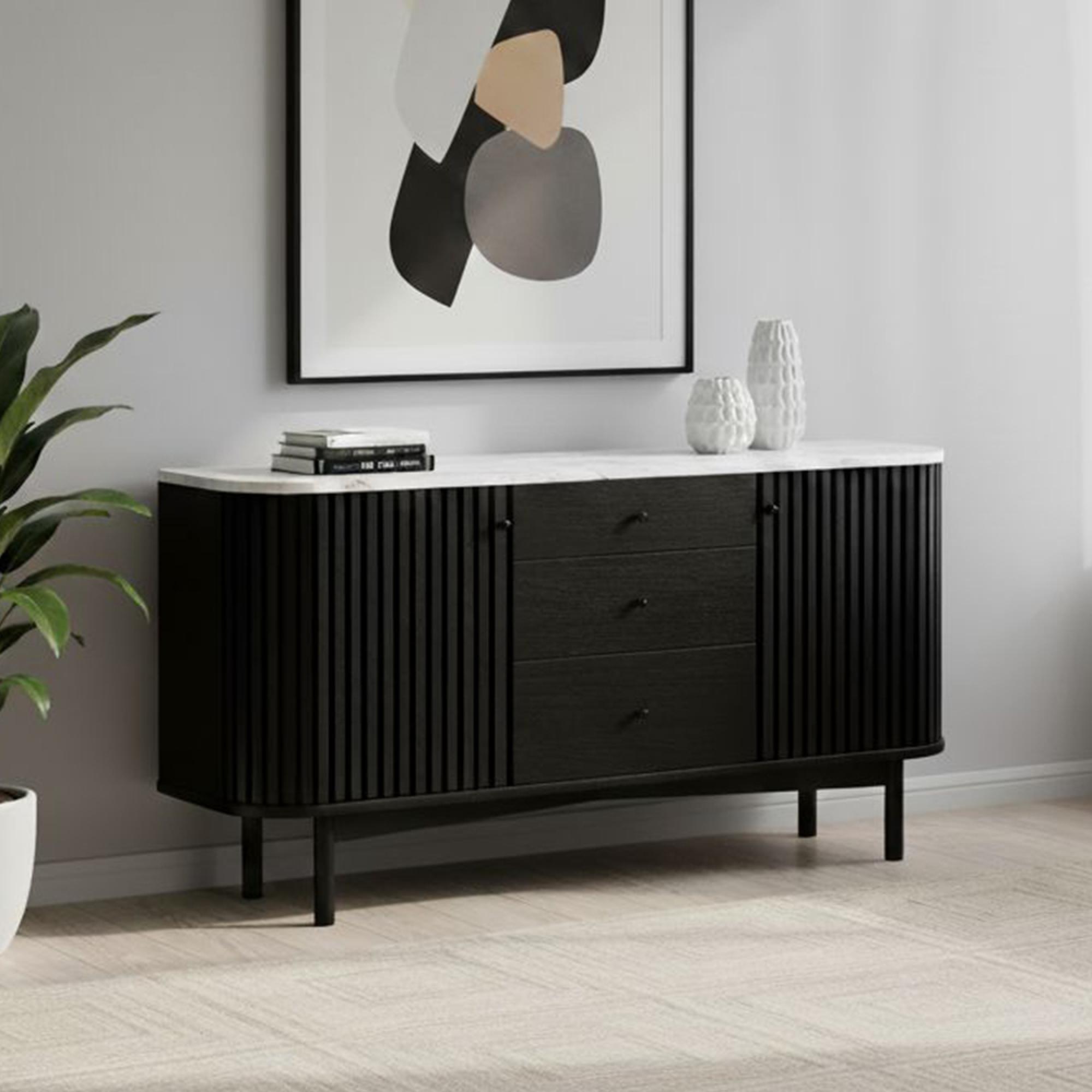 Soho Black Sideboard - 2 Door - Slatted Medium - 140cm - White Marble Top