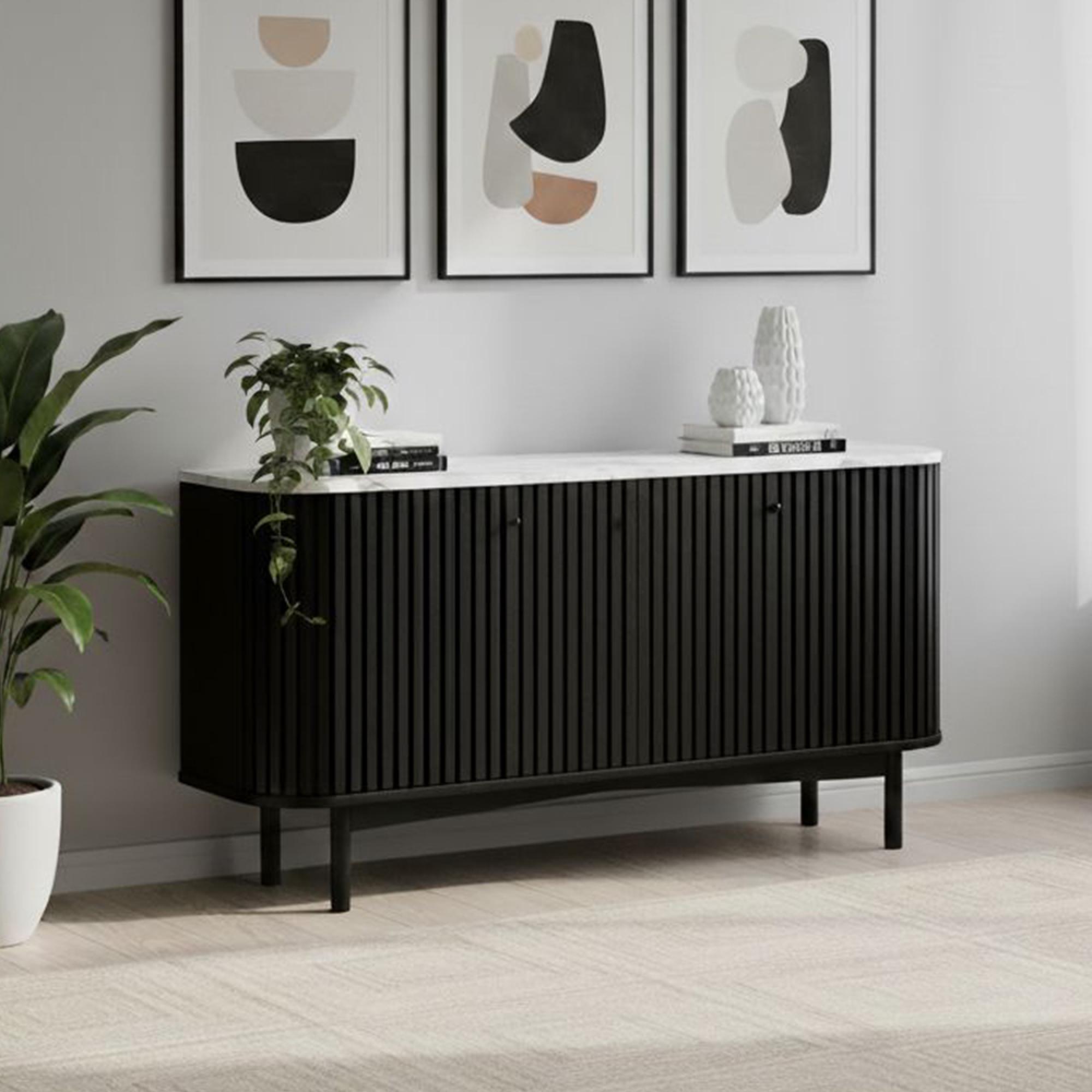 Soho Black Sideboard - 4 Door - Slatted Large - 162cm - White Marble Top