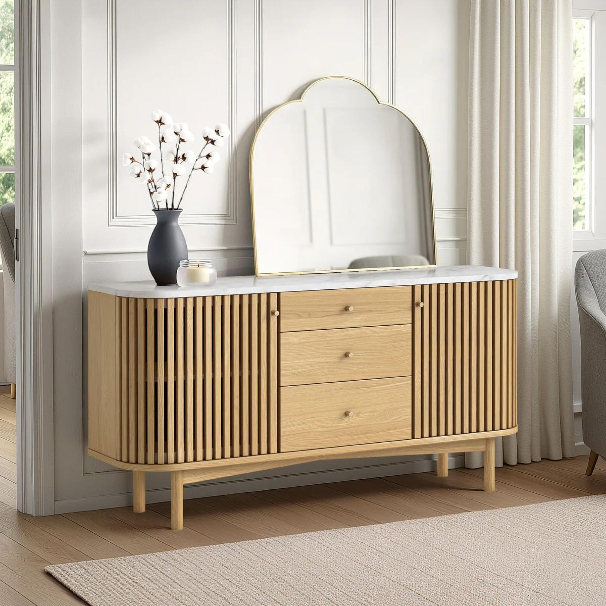 Soho Oak Medium Sideboard - 2 Door - Slatted - White Marble Top - 140cm