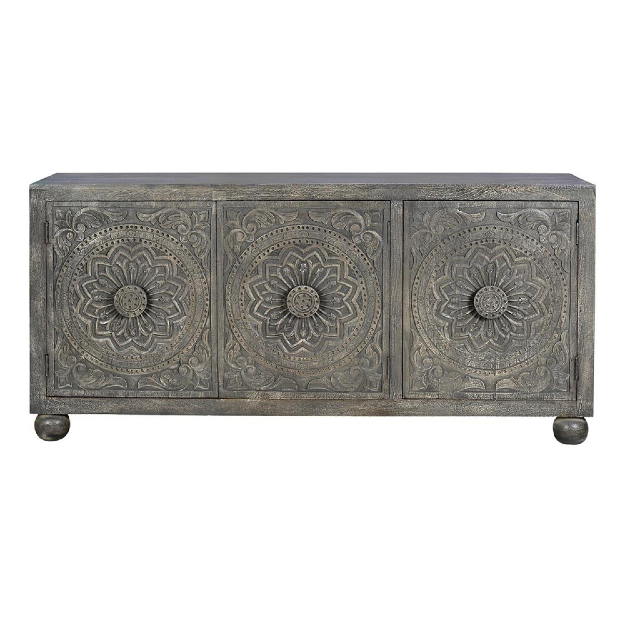 Spanish Sideboard - Grey Carved Mango Wood - 3 Door - Large - 172cm