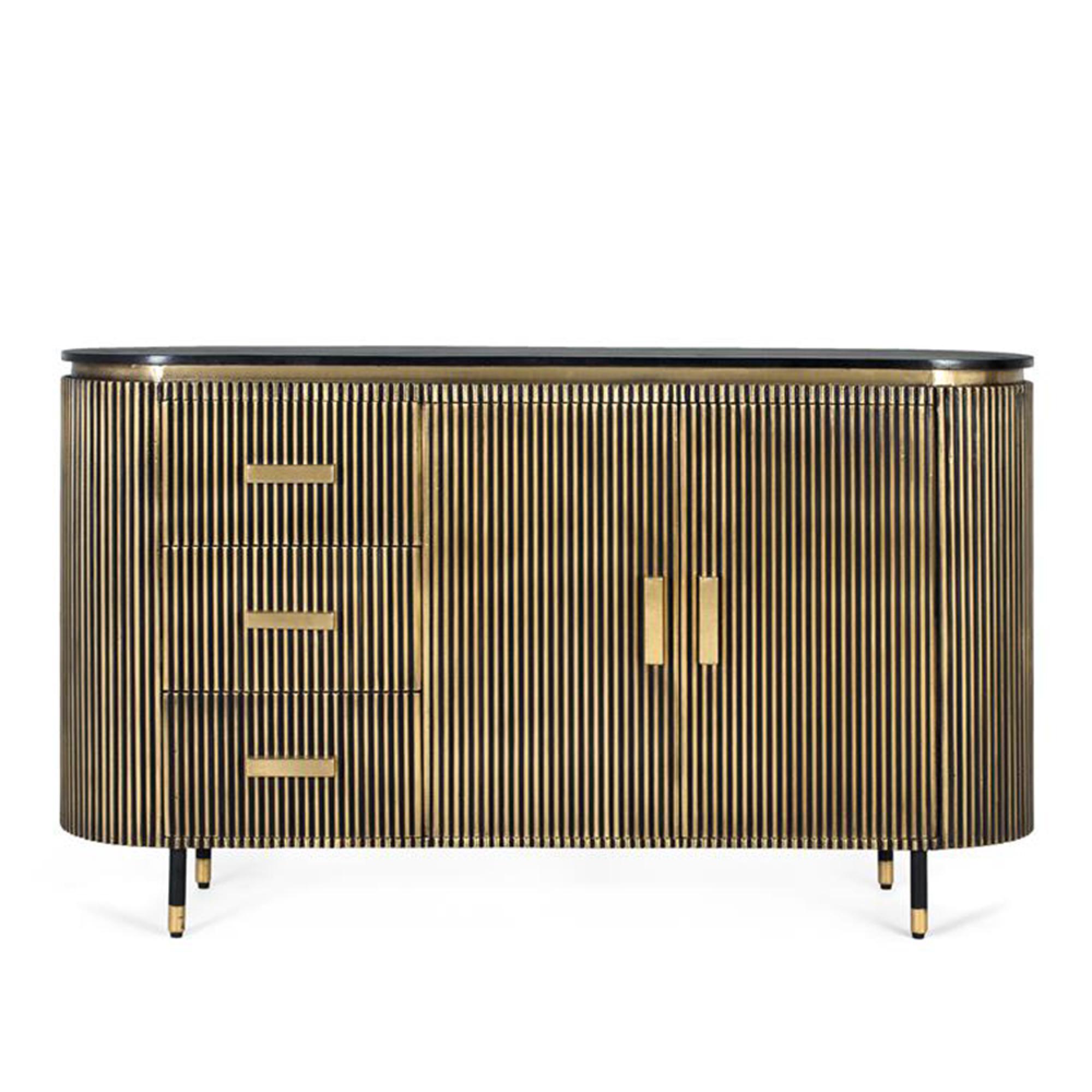 Stephen Sideboard - Ribbed Brass - Curved - 2 Door - Medium - Black Marble Top